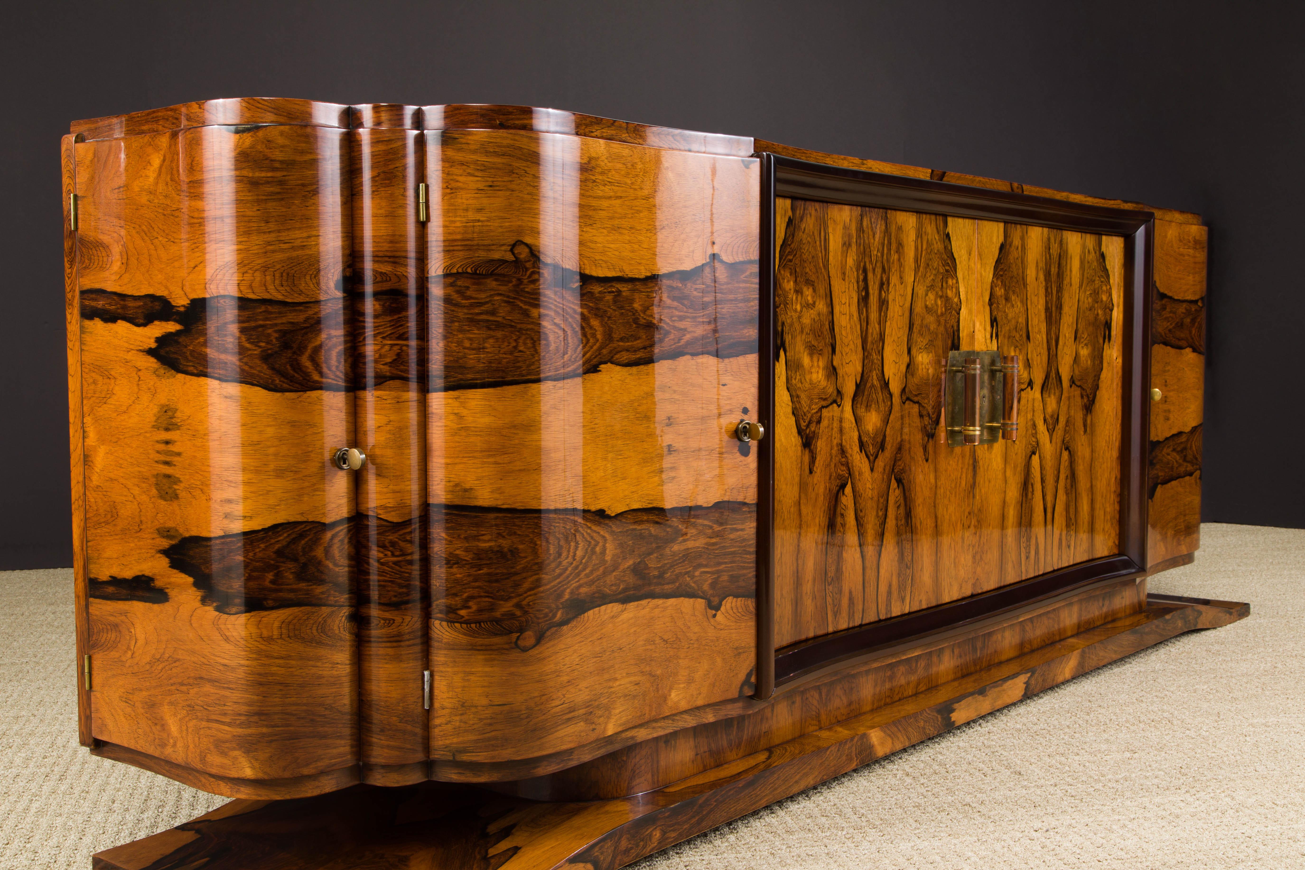 Monumental Rosewood Sideboard Cabinet with Brass and Rose Lucite Pulls, c 1930s In Excellent Condition For Sale In Los Angeles, CA