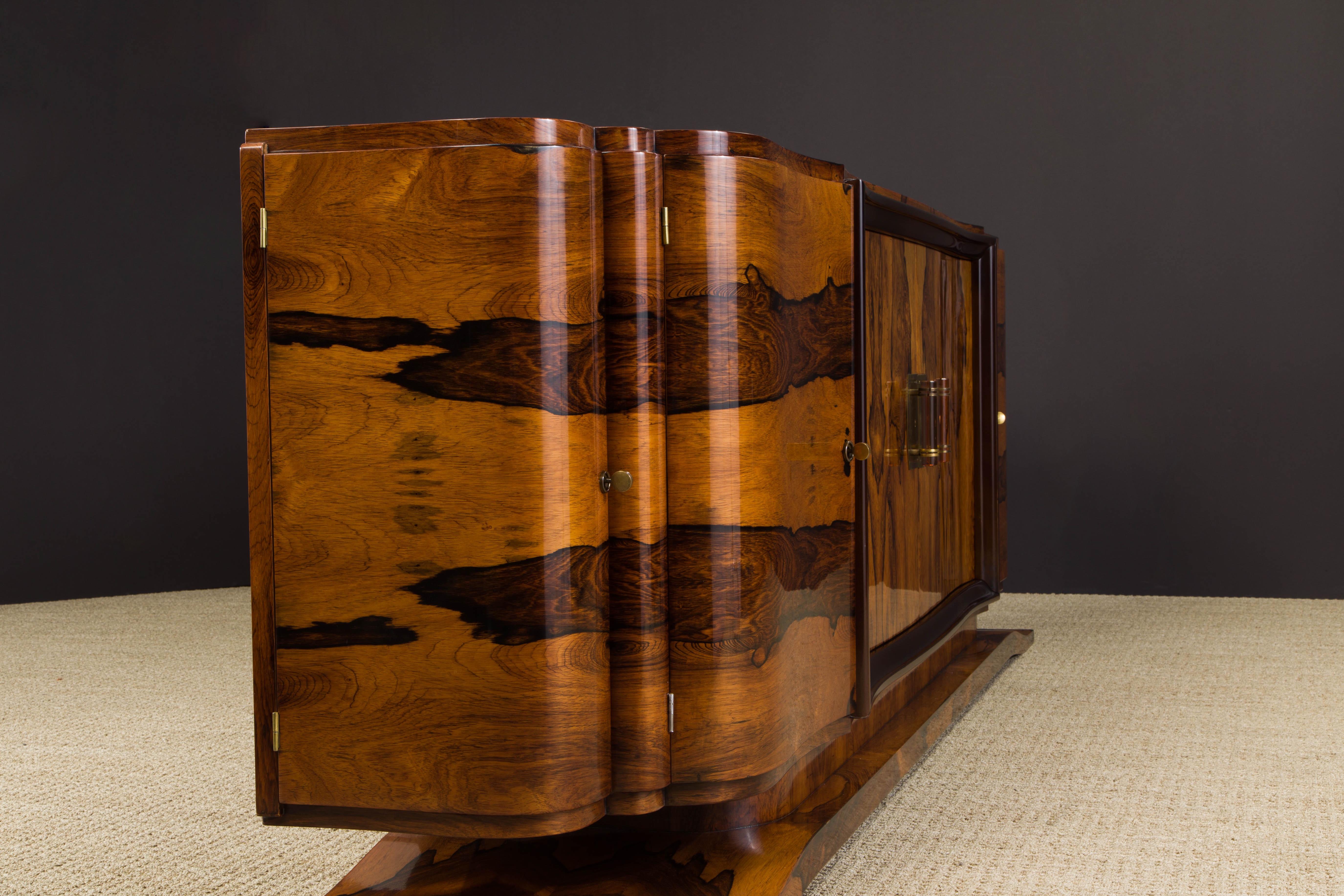Mid-20th Century Monumental Rosewood Sideboard Cabinet with Brass and Rose Lucite Pulls, c 1930s For Sale