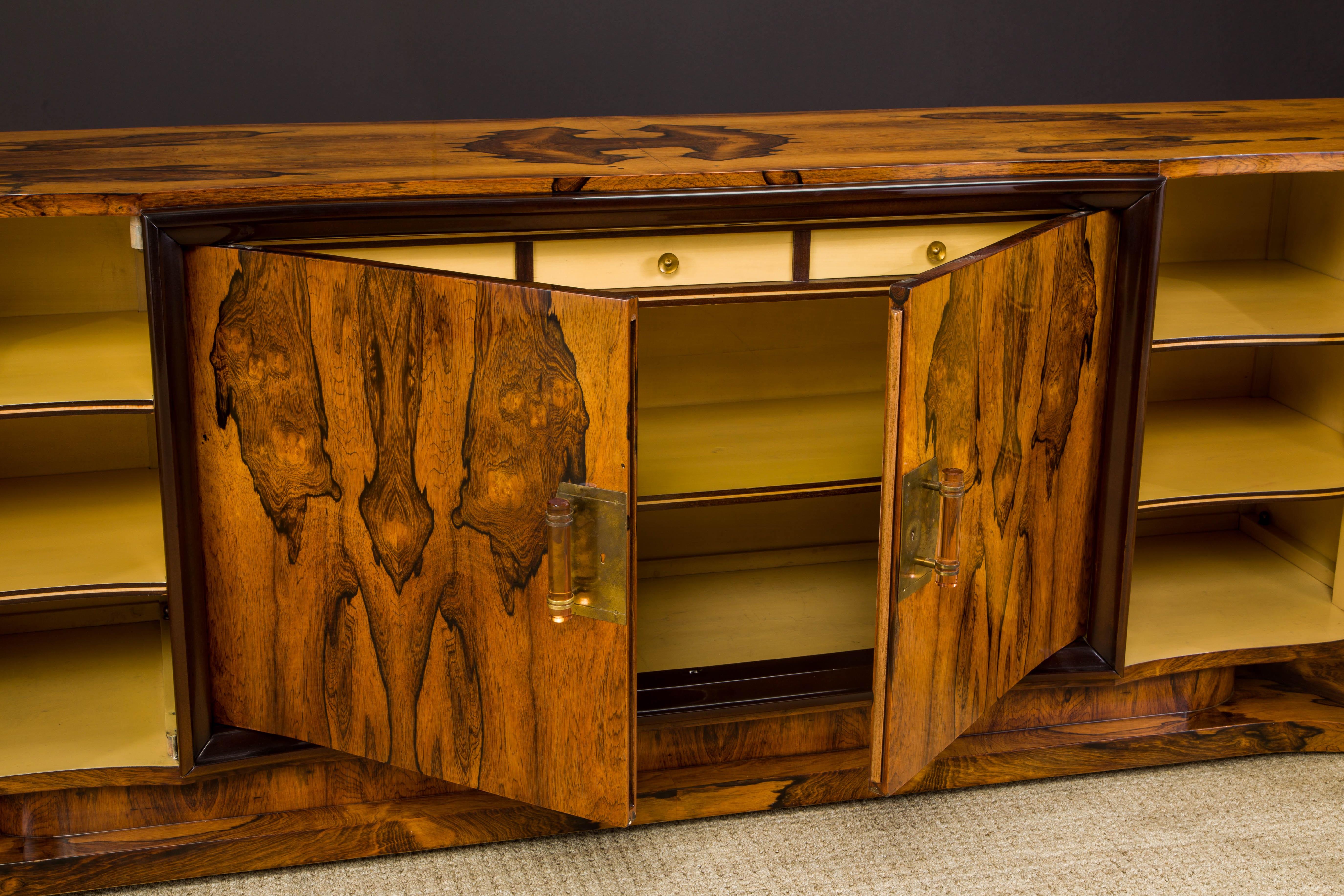 Monumental Rosewood Sideboard Cabinet with Brass and Rose Lucite Pulls, c 1930s For Sale 2