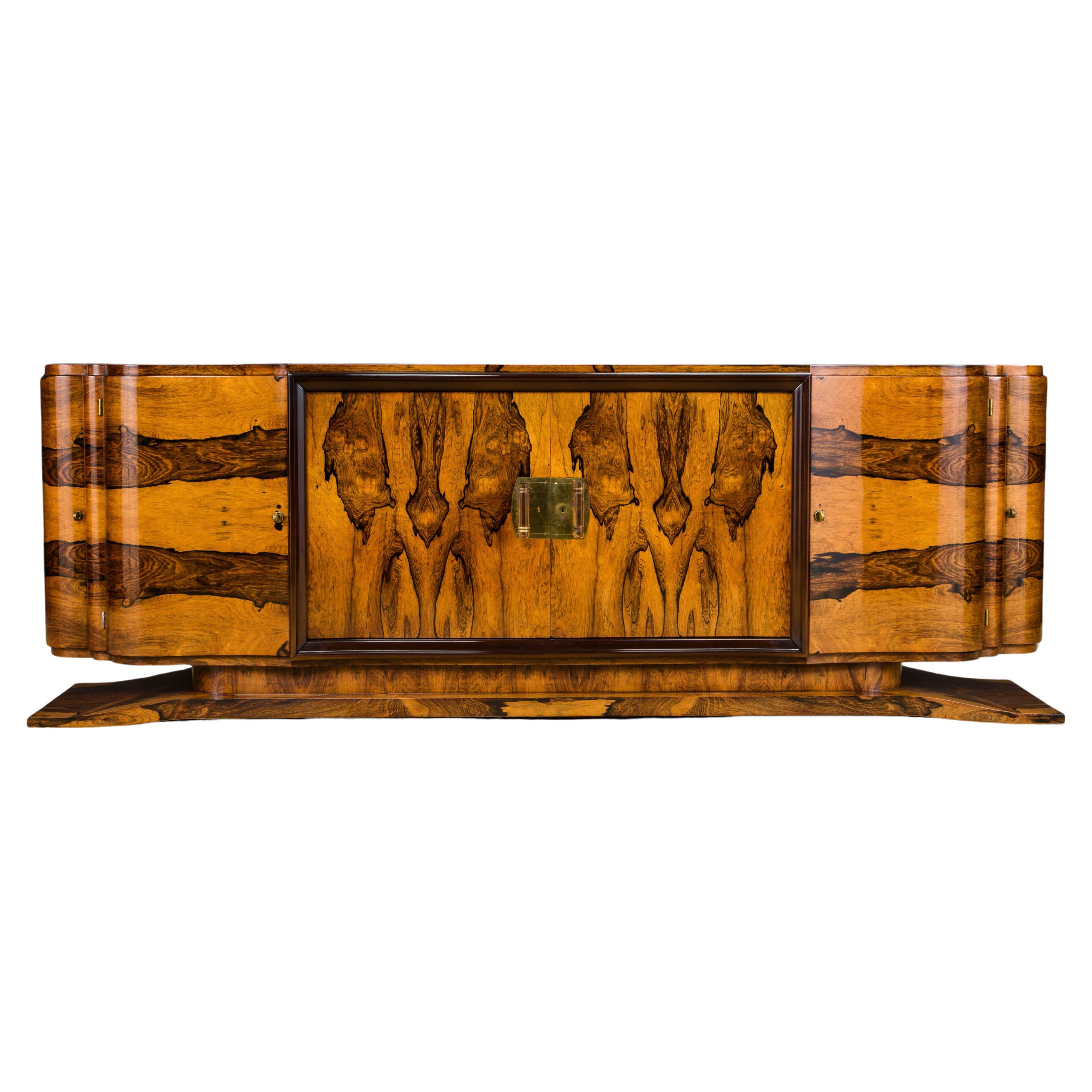 Monumental Rosewood Sideboard Cabinet with Brass and Rose Lucite Pulls, c 1930s