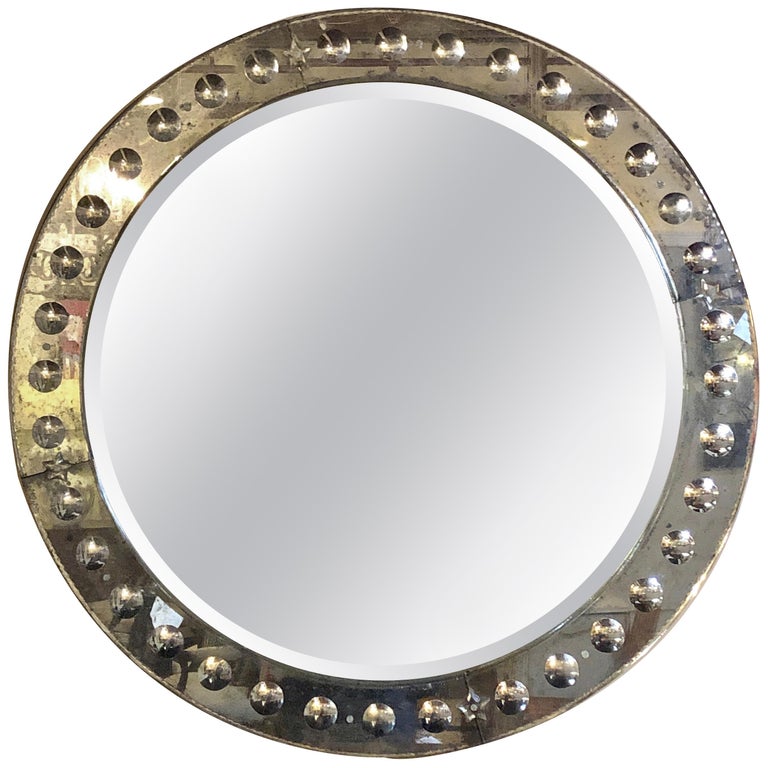 Monumental Round Bullseye Etched with Distressed Panel Art Deco Beveled