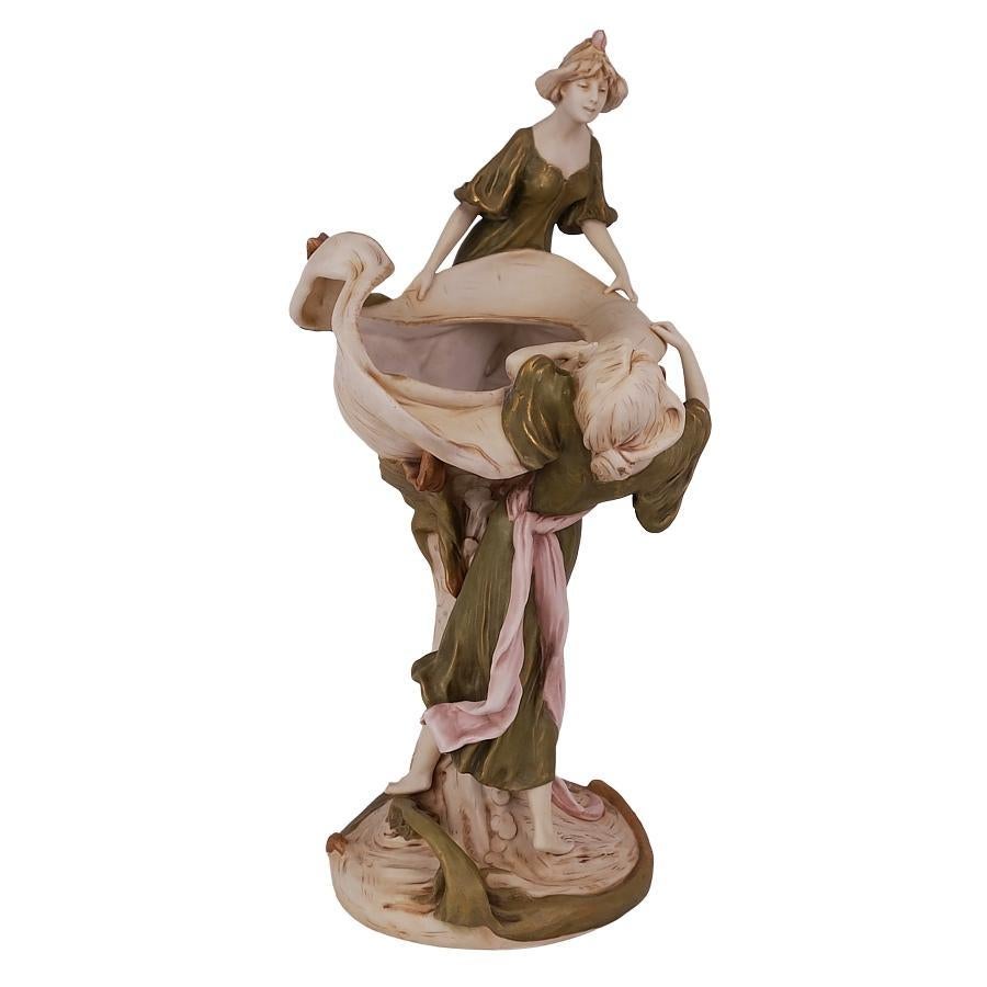 Hand-Painted Monumental Royal Dux Art Nouveau Figural Faience Amphora Centerpiece Vase, 1910