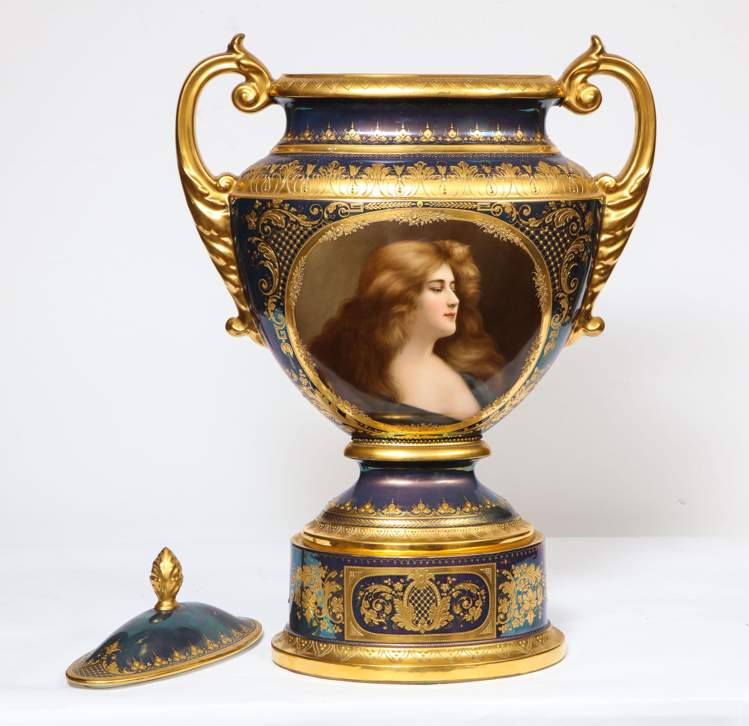 19th Century Monumental Royal Vienna Iridescent Porcelain Portrait Vase and Cover, Wagner For Sale