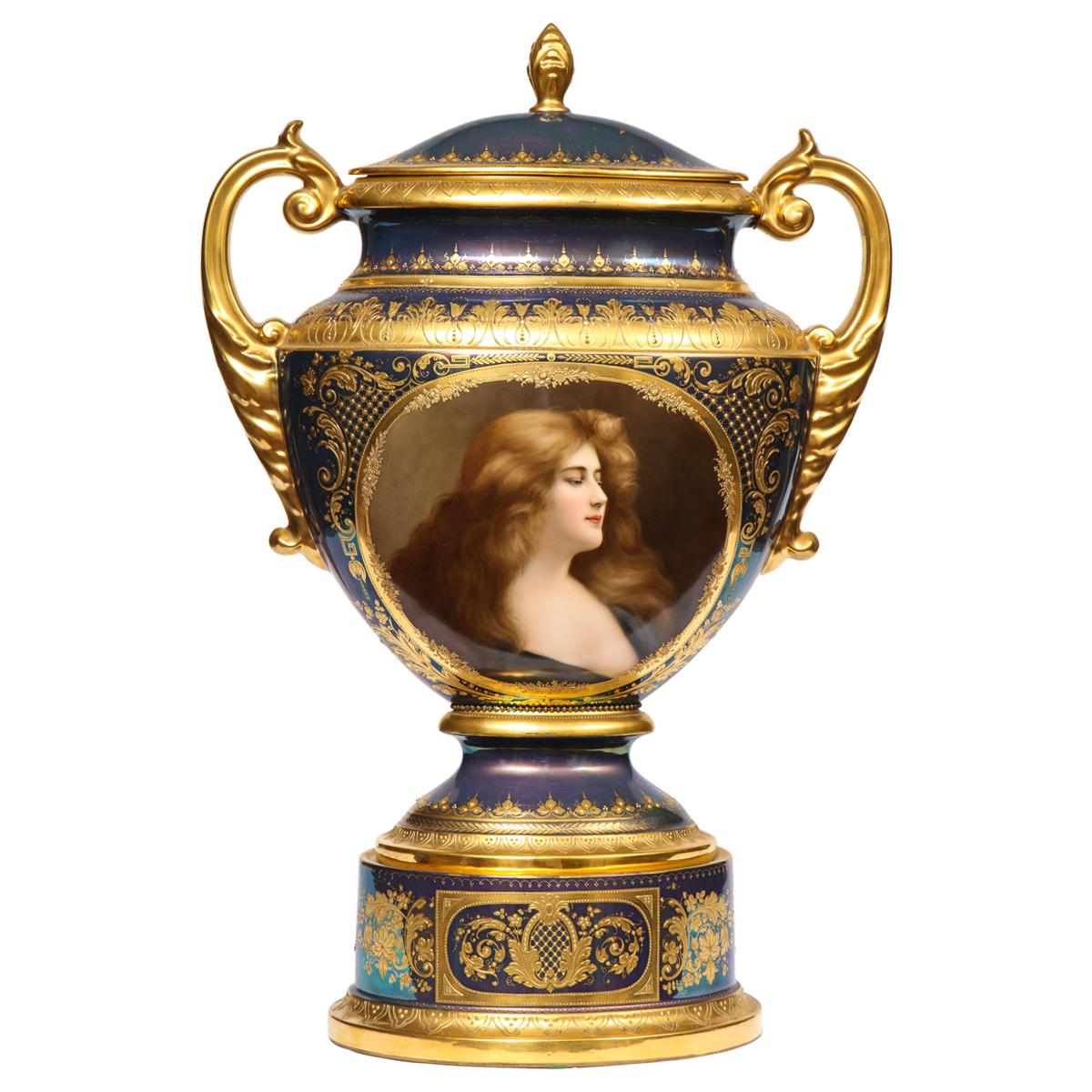 Monumental Royal Vienna Iridescent Porcelain Portrait Vase and Cover, Wagner For Sale