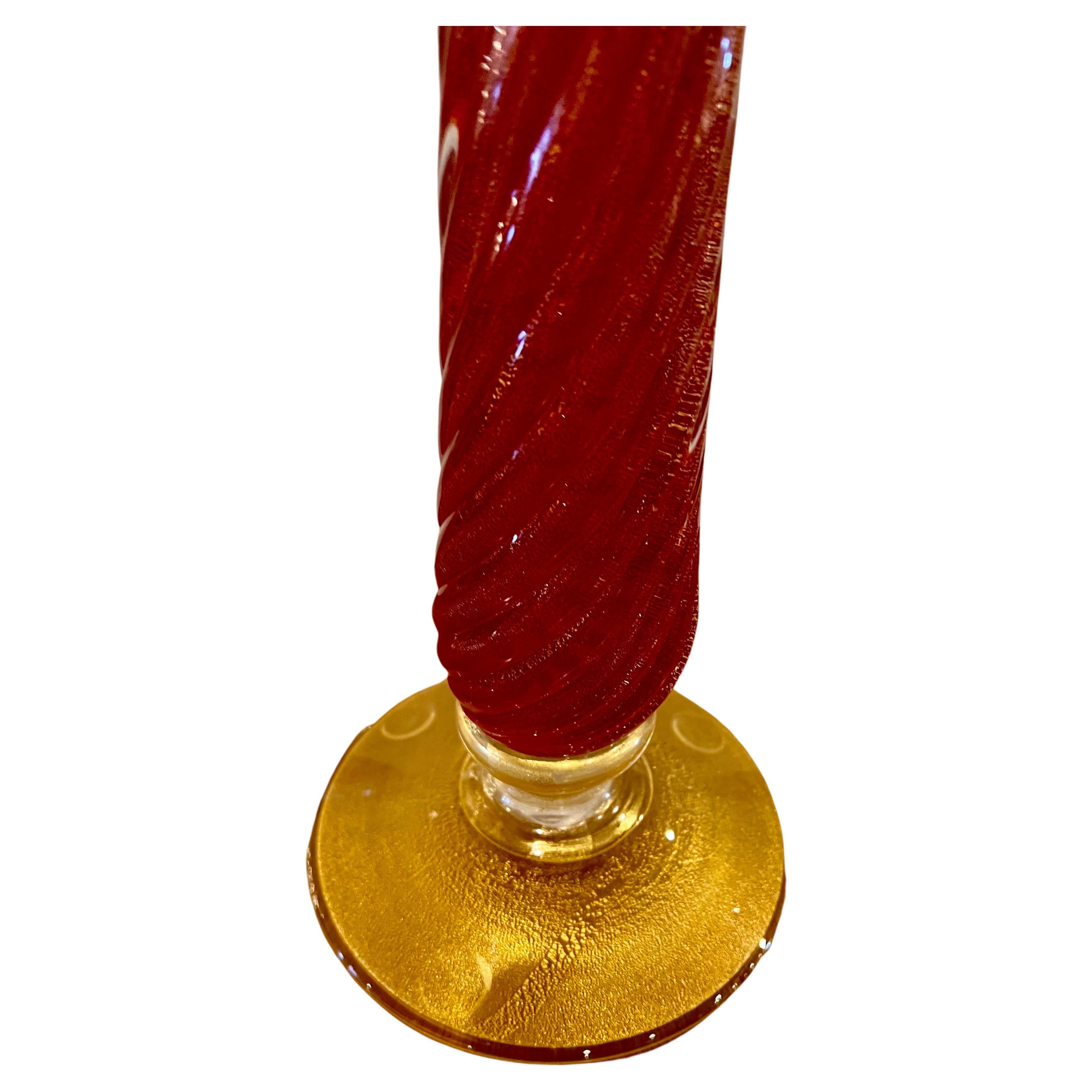 Hollywood Regency Monumental Ruby Gold Tall Murano CandleStick by Barovier & Toso Venitian Glass For Sale