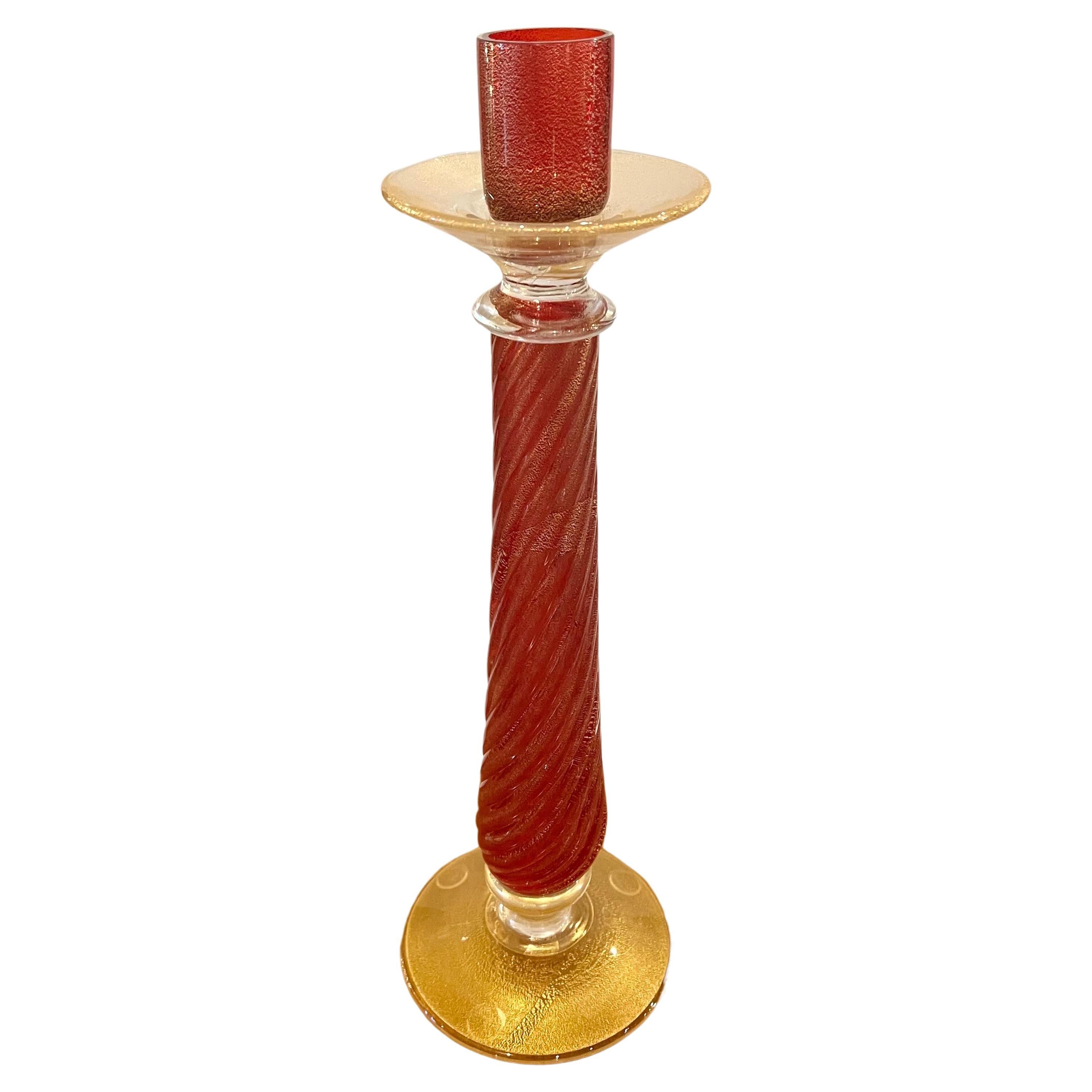 Italian Monumental Ruby Gold Tall Murano CandleStick by Barovier & Toso Venitian Glass For Sale
