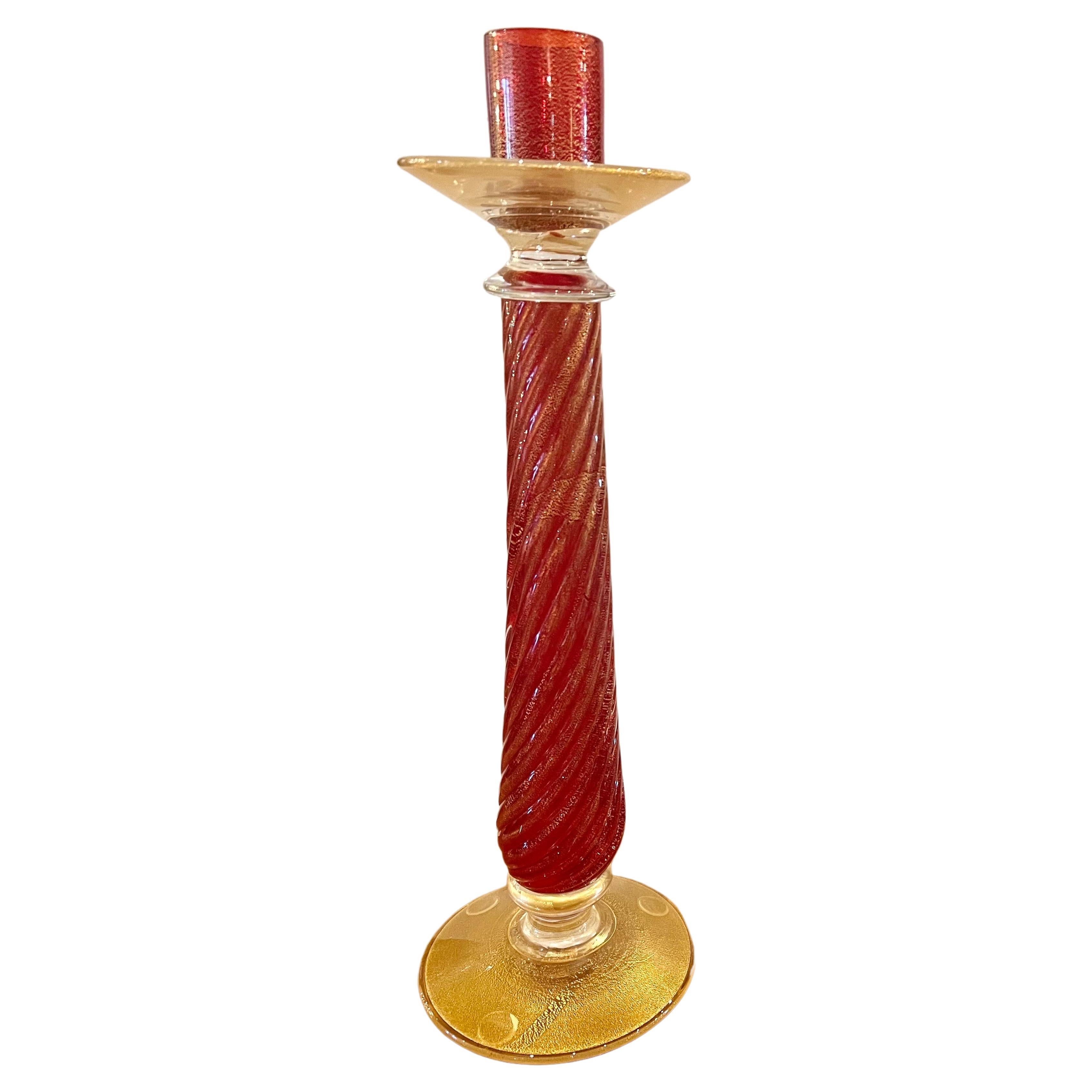 Monumental Ruby Gold Tall Murano CandleStick by Barovier & Toso Venitian Glass In Excellent Condition For Sale In San Diego, CA