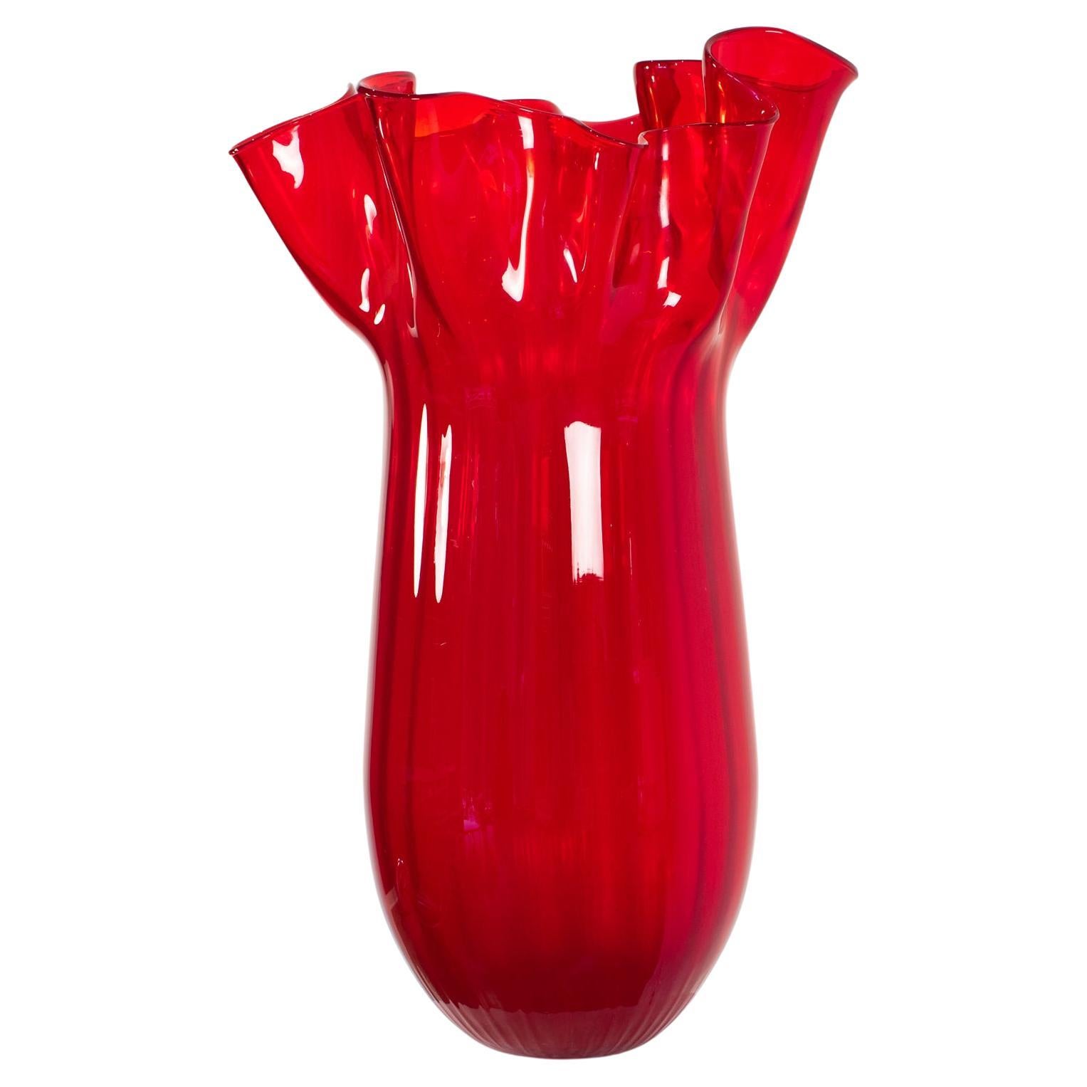 This spectacular and beautiful hand-blown Italian Art glass vase was designed by Venini, Murano. The extra tall sculptural amphora shape has scalloped 