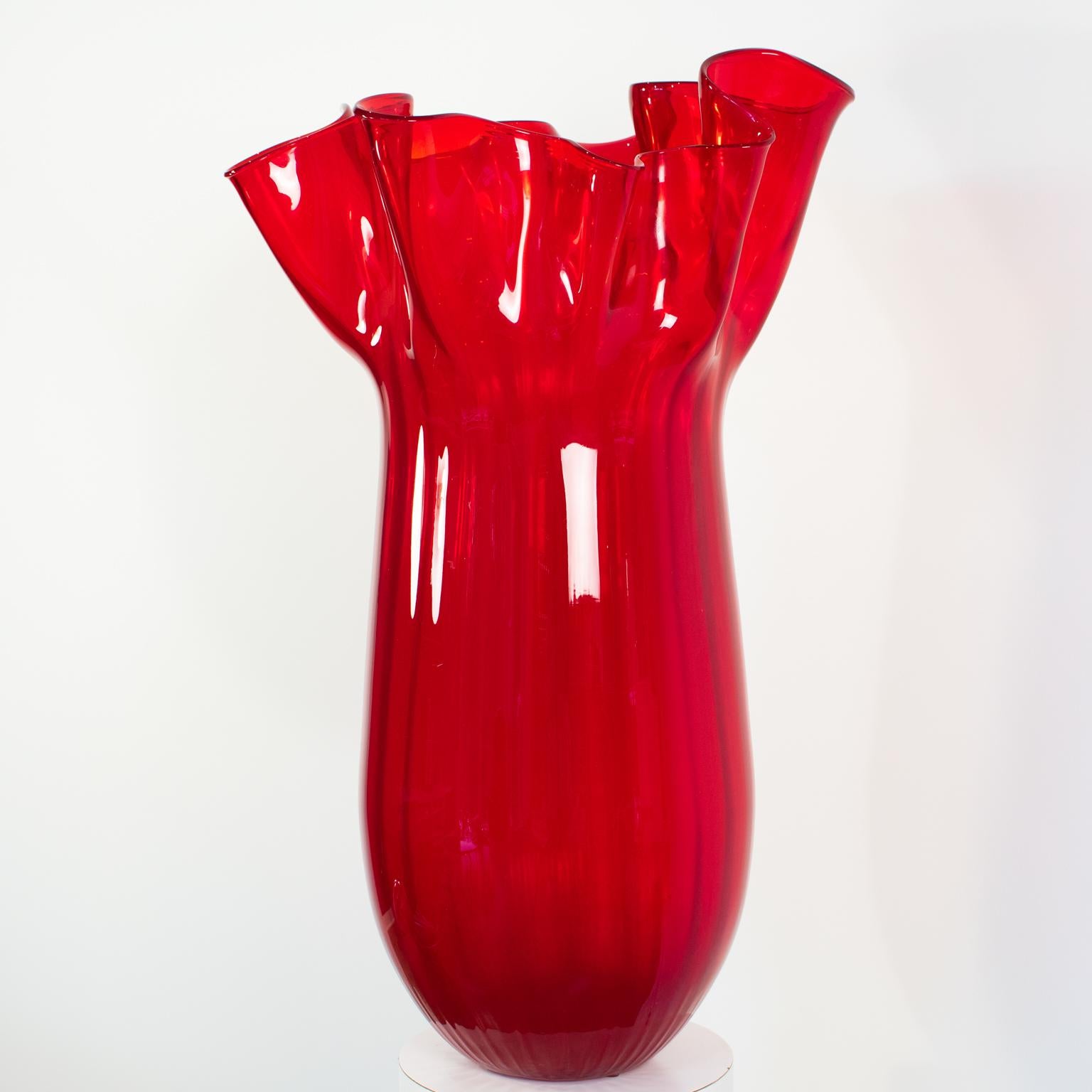 Monumental Ruby Red Italian Murano Art Glass Vase by Venini In Excellent Condition For Sale In Atlanta, GA