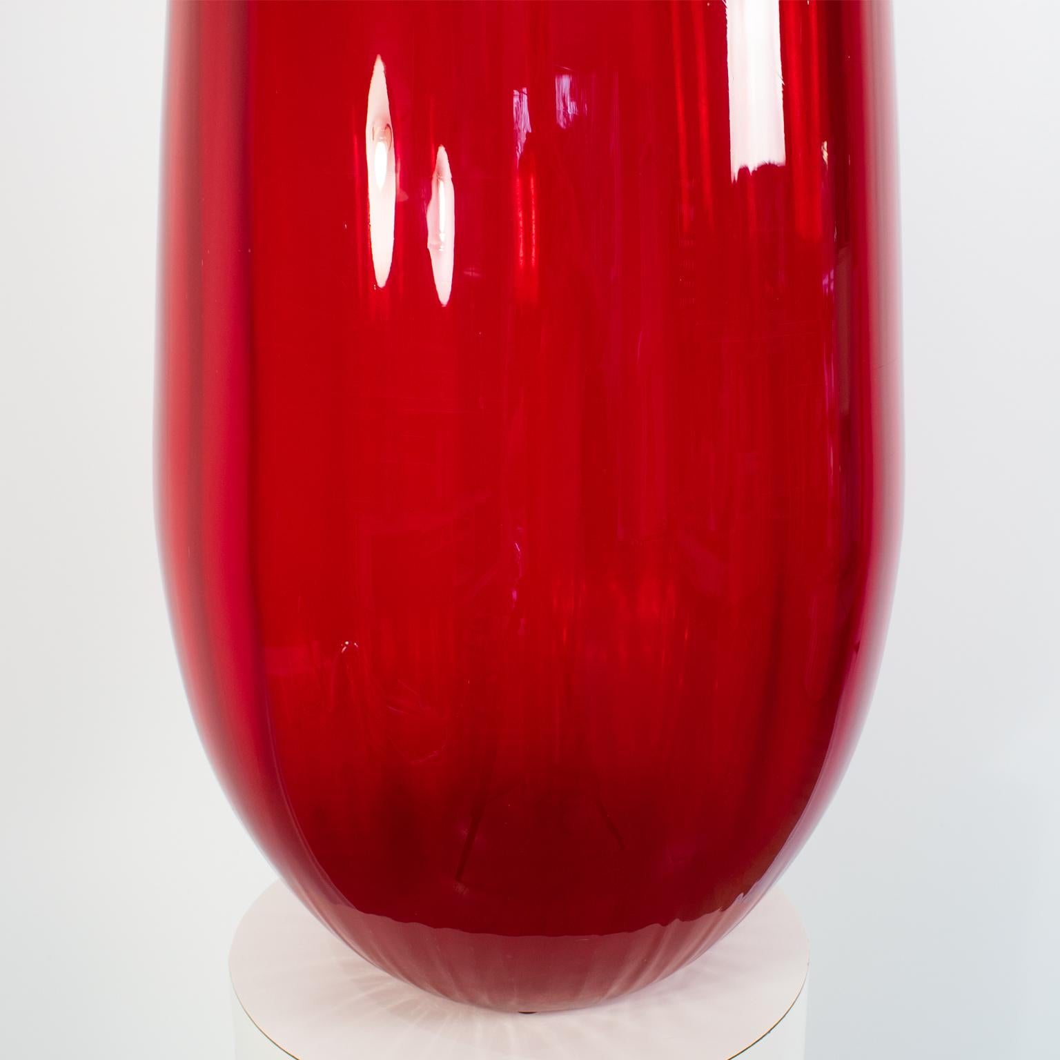 Murano Glass Monumental Ruby Red Italian Murano Art Glass Vase by Venini For Sale