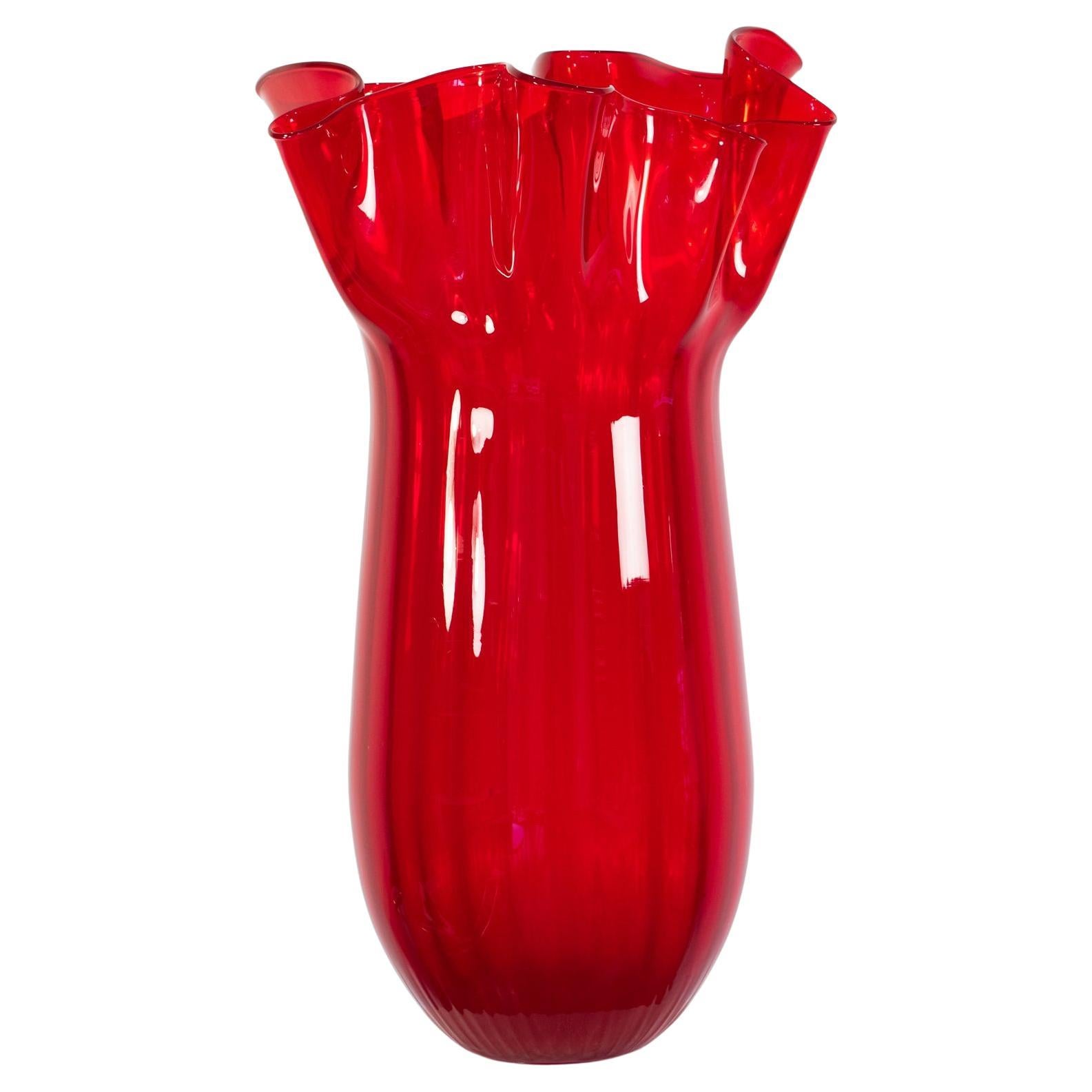 Monumental Ruby Red Italian Murano Art Glass Vase by Venini For Sale