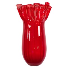 Monumental Ruby Red Murano Art Glass Fazzoletto Vase by Venini