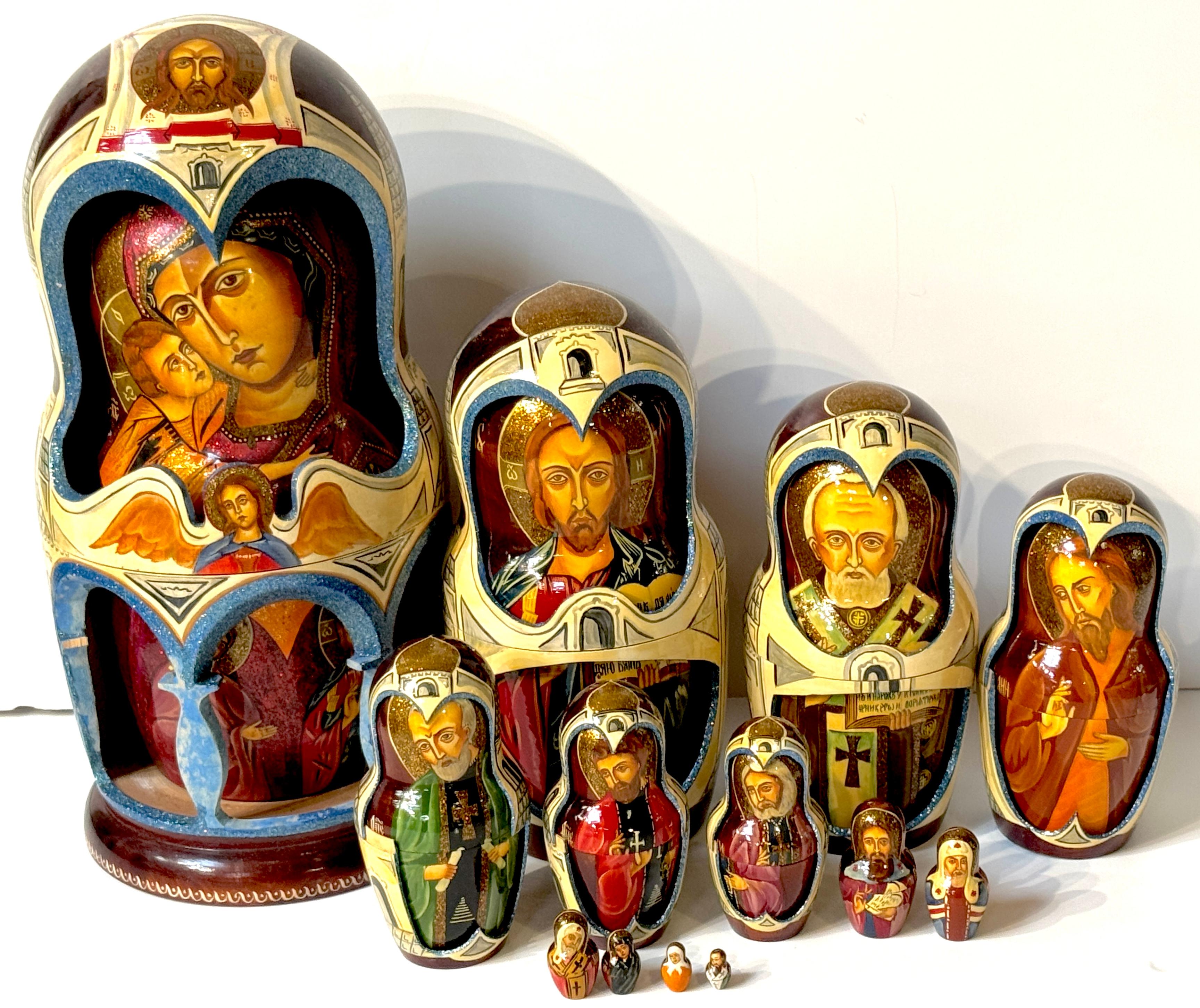 Monumental Russian Orthodox Icon Matryoshka (Nesting Doll) Set by Novikov L.A., 40 Components, Dated 2000

An extraordinary and monumental 13-piece Russian Orthodox matryoshka (nesting doll) set, hand-painted and signed by artist Novikov L.A., dated