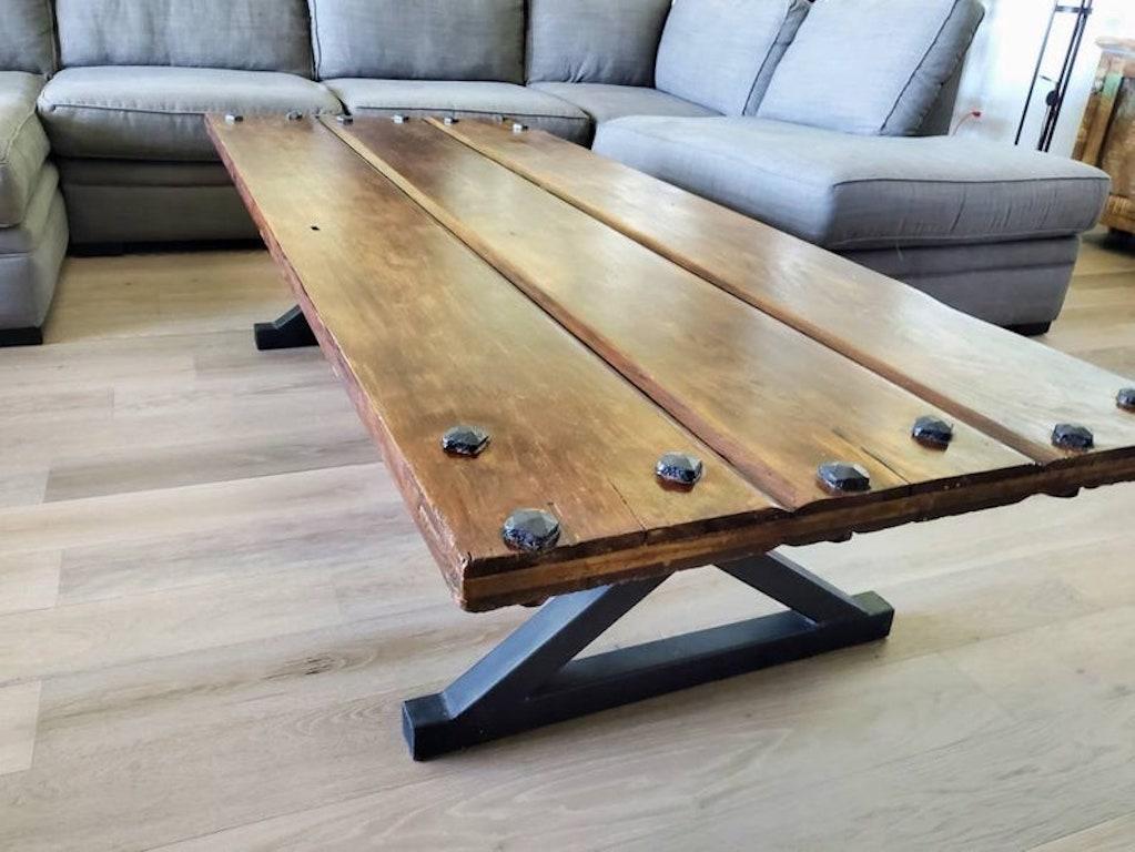 Monumental Rustic Industrial Coffee Table on Iron Legs In Good Condition For Sale In Forney, TX