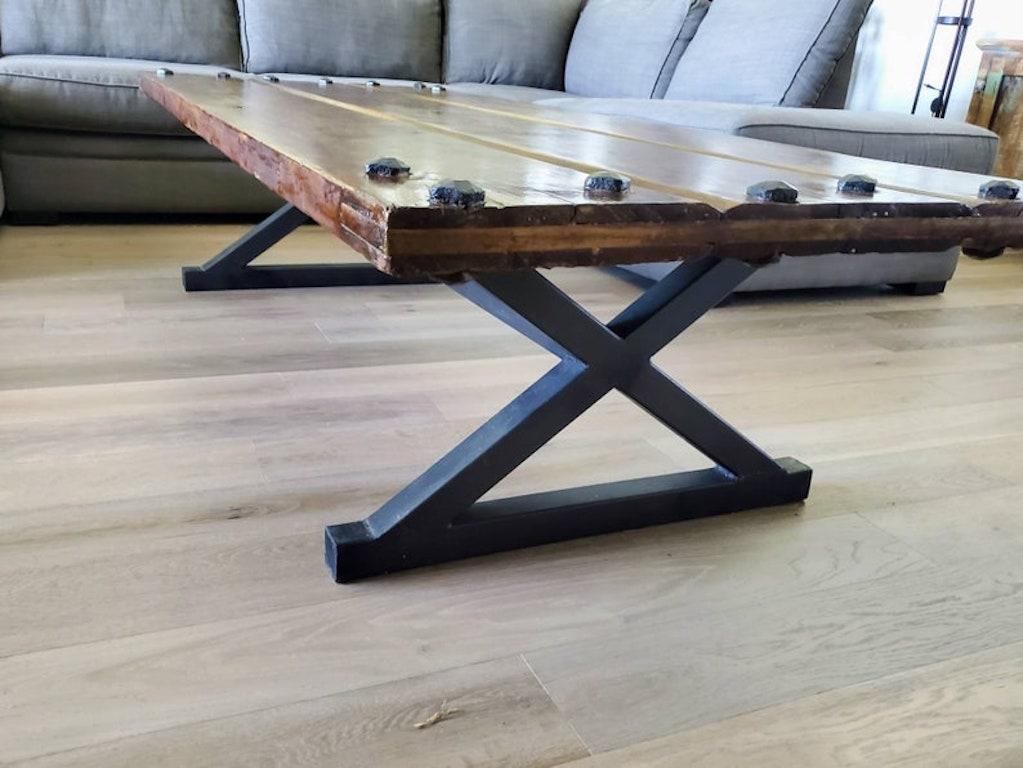 Monumental Rustic Industrial Coffee Table on Iron Legs For Sale 3