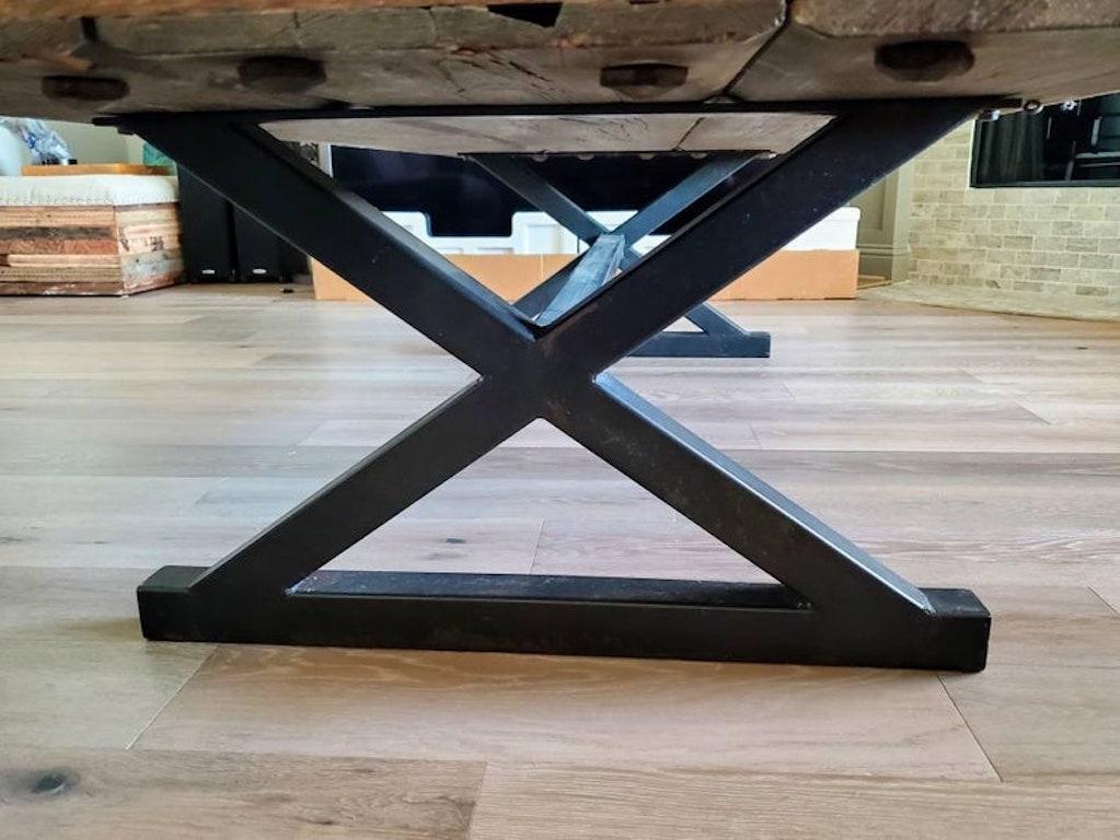Monumental Rustic Industrial Coffee Table on Iron Legs For Sale 4