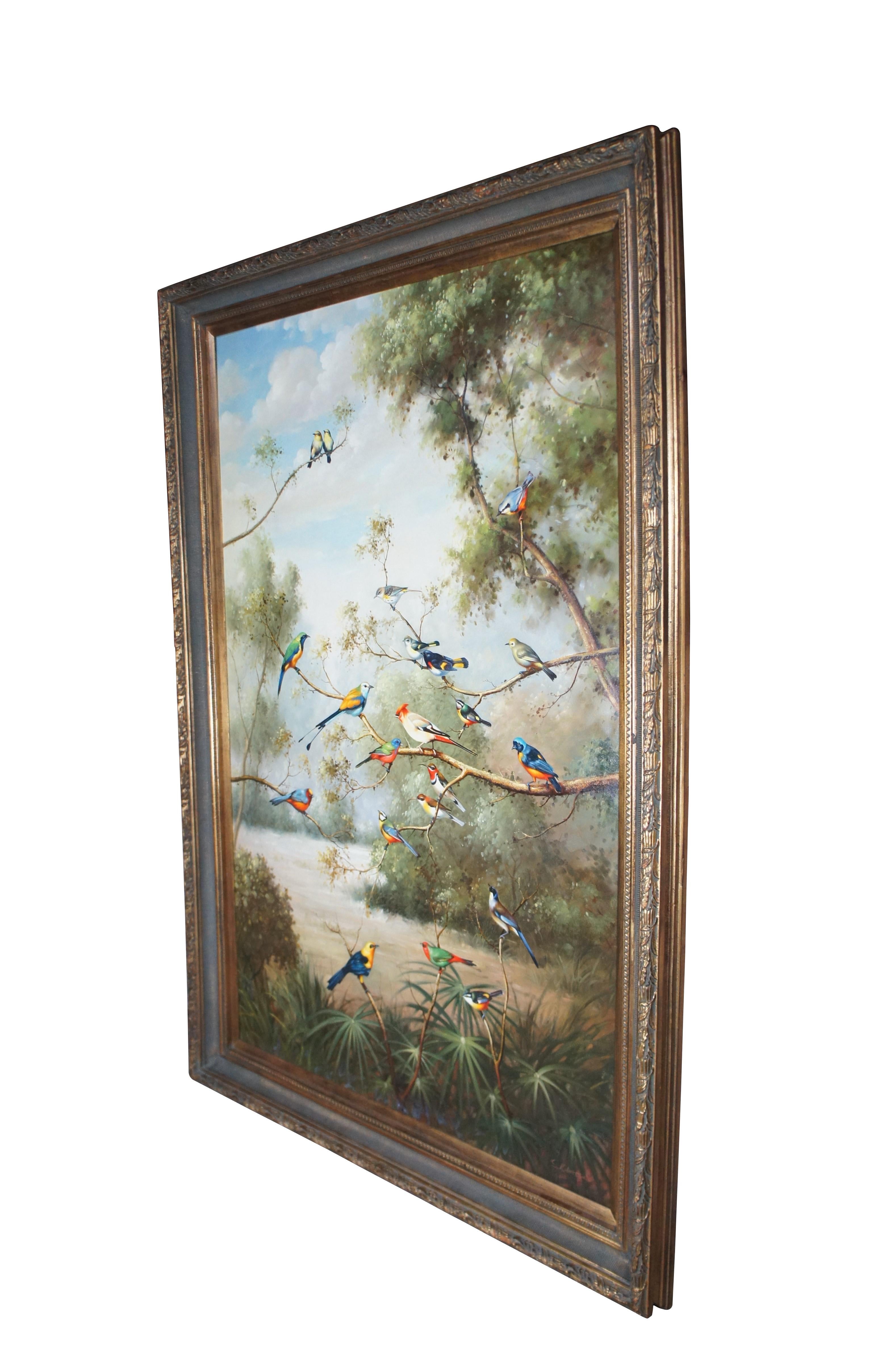 Monumental S. Robertson Tropical Birds Woodland Landscape Oil Painting 82