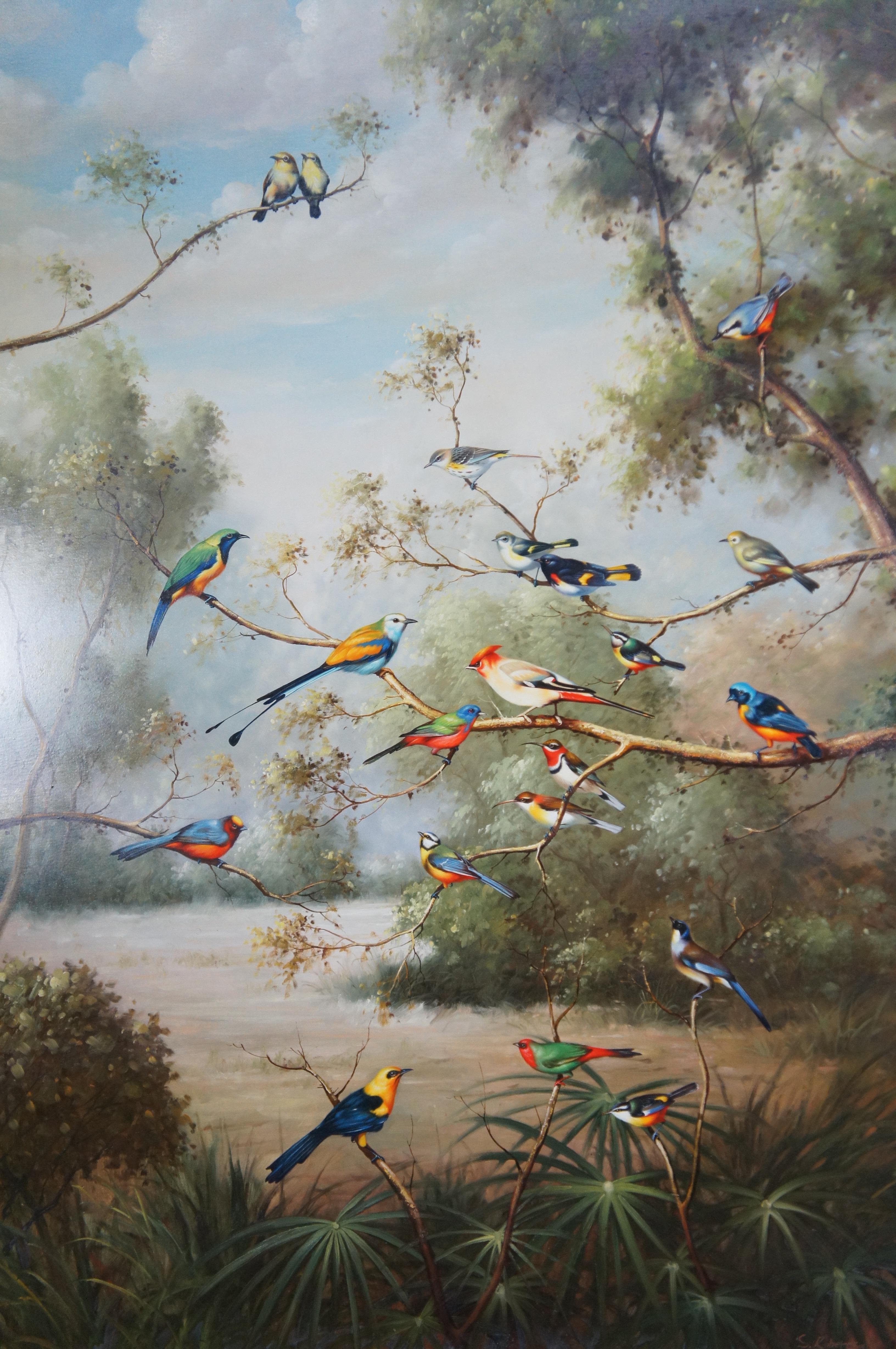 20th Century Monumental S. Robertson Tropical Birds Woodland Landscape Oil Painting 82