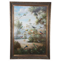Monumental S. Robertson Tropical Birds Woodland Landscape Oil Painting 82"