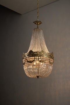Monumental "Sac à Perles" Crystal Chandelier with Neoclassical Brass Frieze
