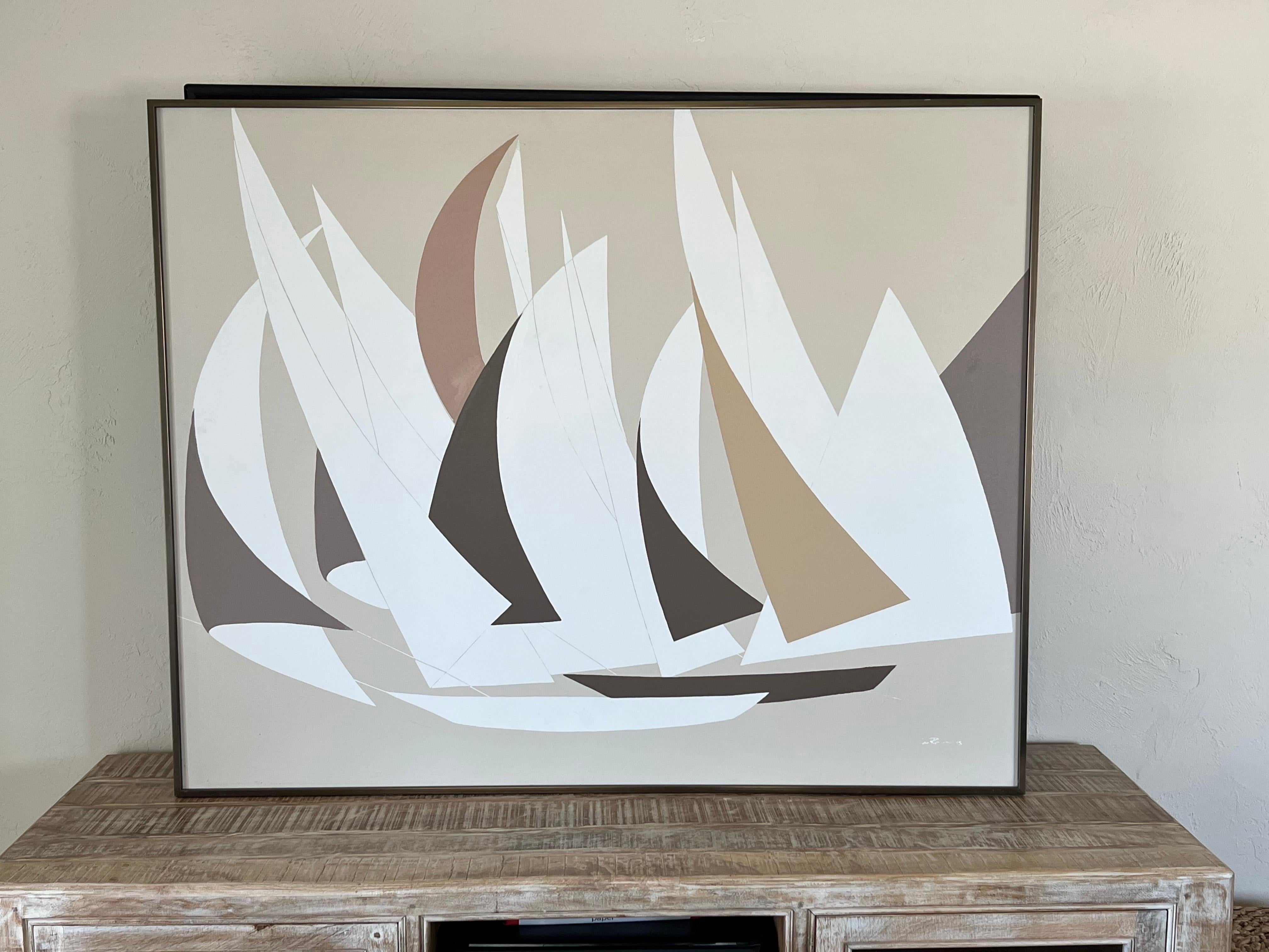 Monumental Sailboat Painting by Lee Reynolds of Vanguard studios. Minimalist design of sailboats in muted cream and brown tones. Framed in a gun metal colored frame. White glove shipping is recommended . This item is too large to parcel ship.