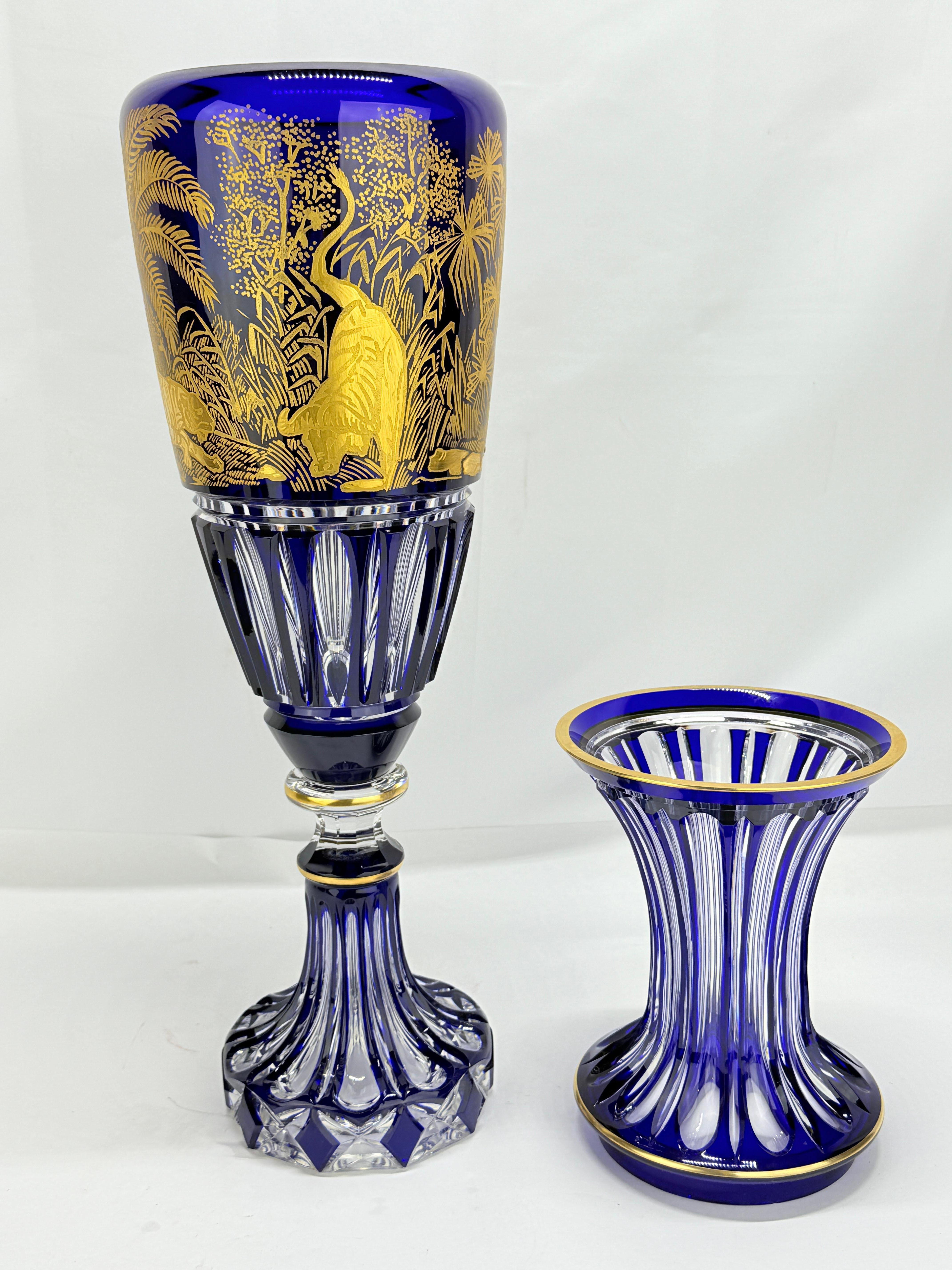Monumental Saint Louis Cobalt & Gilt Cut-Crystal Vase, 