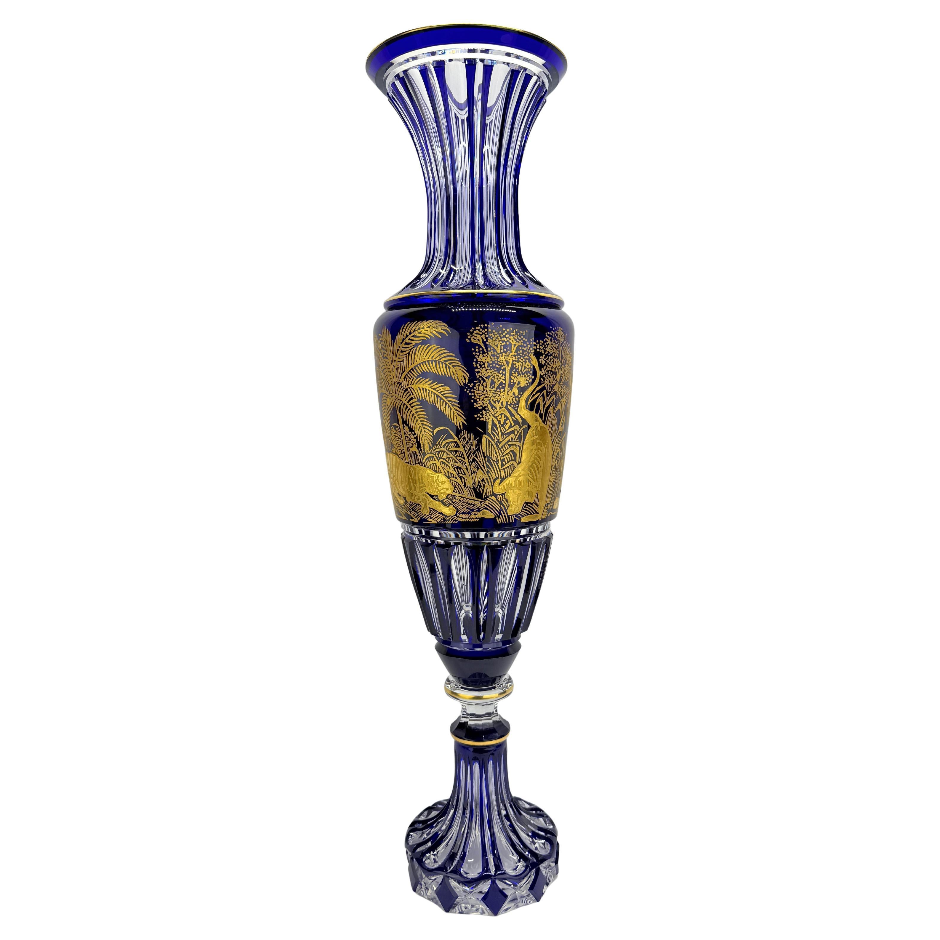 Monumental Saint Louis Cobalt & Gilt Cut-Crystal Vase, "African Jungle" 19th C For Sale