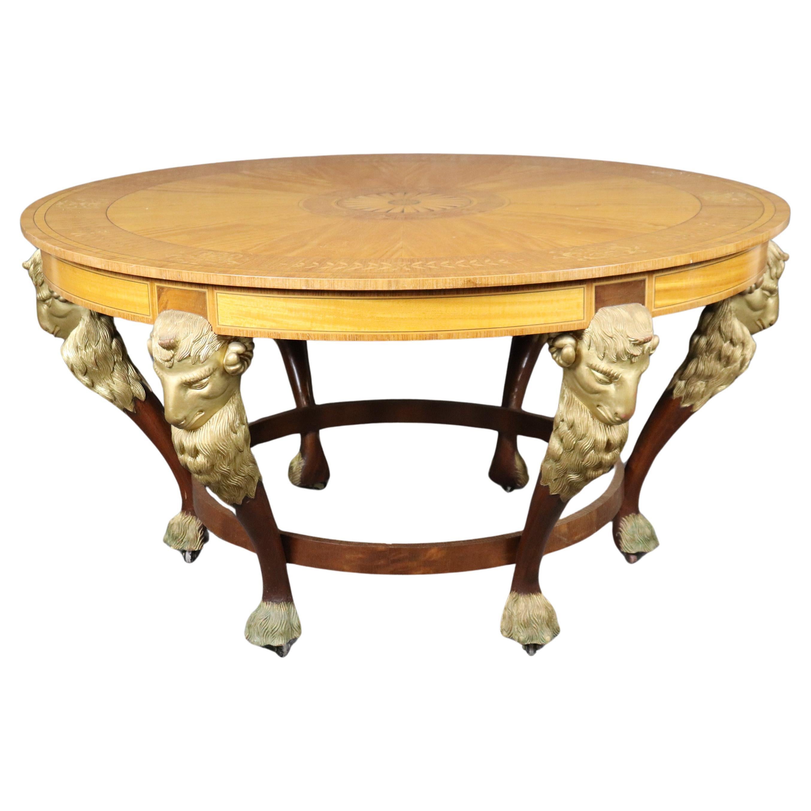 Monumental Satinwood Carved Gilded Rams Head 62 inch Circular Center Table
