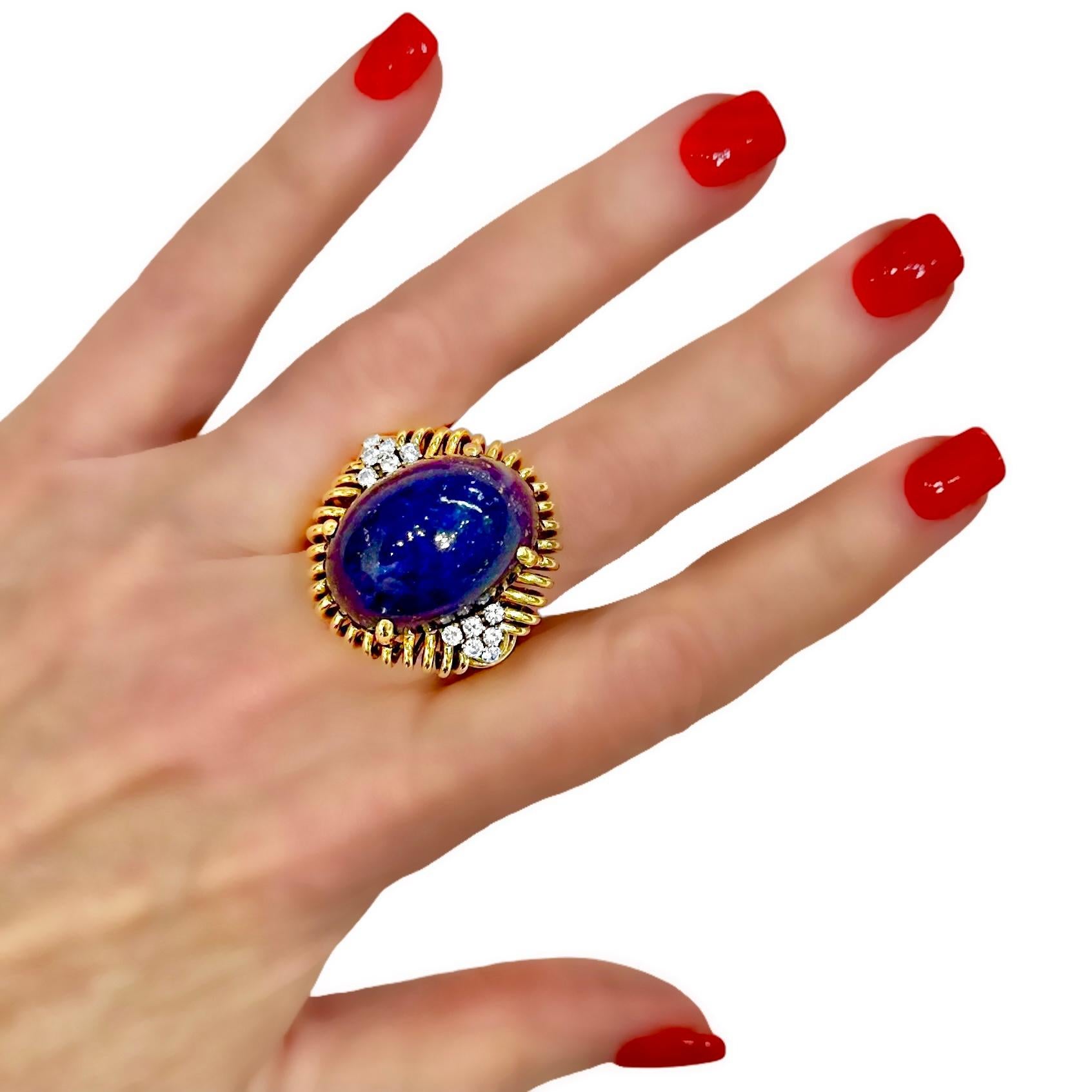Monumentale bague cocktail vintage faite à la main en or 18 carats, lapis-lazuli et diamants en vente 5
