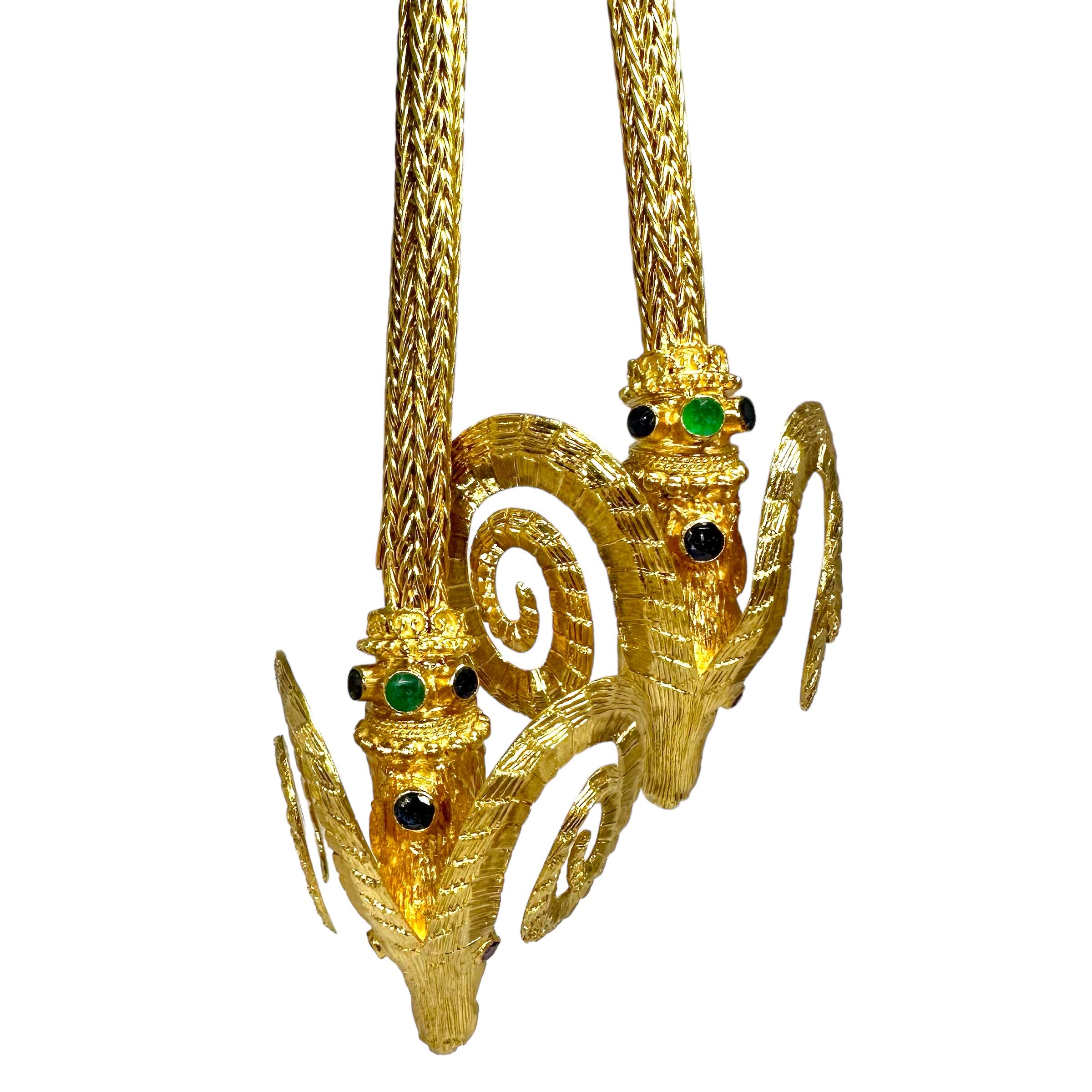 Monumental Scale Lalaounis 18k Gold Double Rams Head Necklace 38 Inches Long For Sale 4