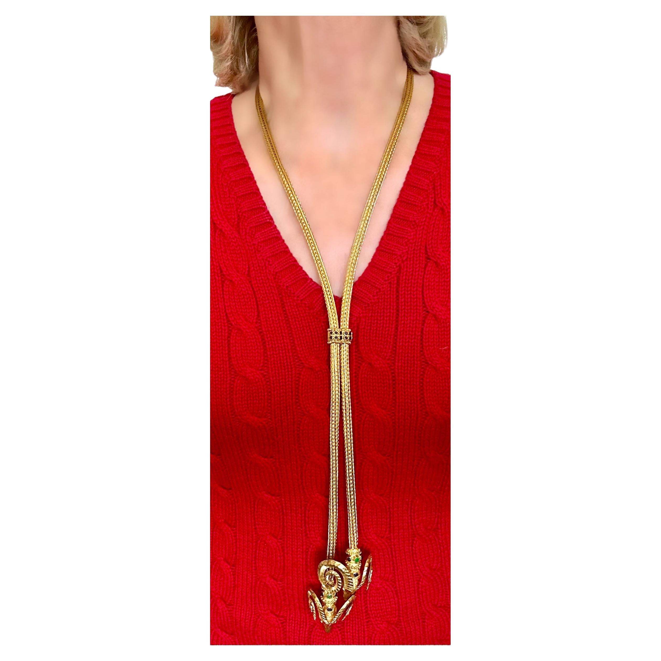 Greek Revival Monumental Scale Lalaounis 18k Gold Double Rams Head Necklace 38 Inches Long For Sale