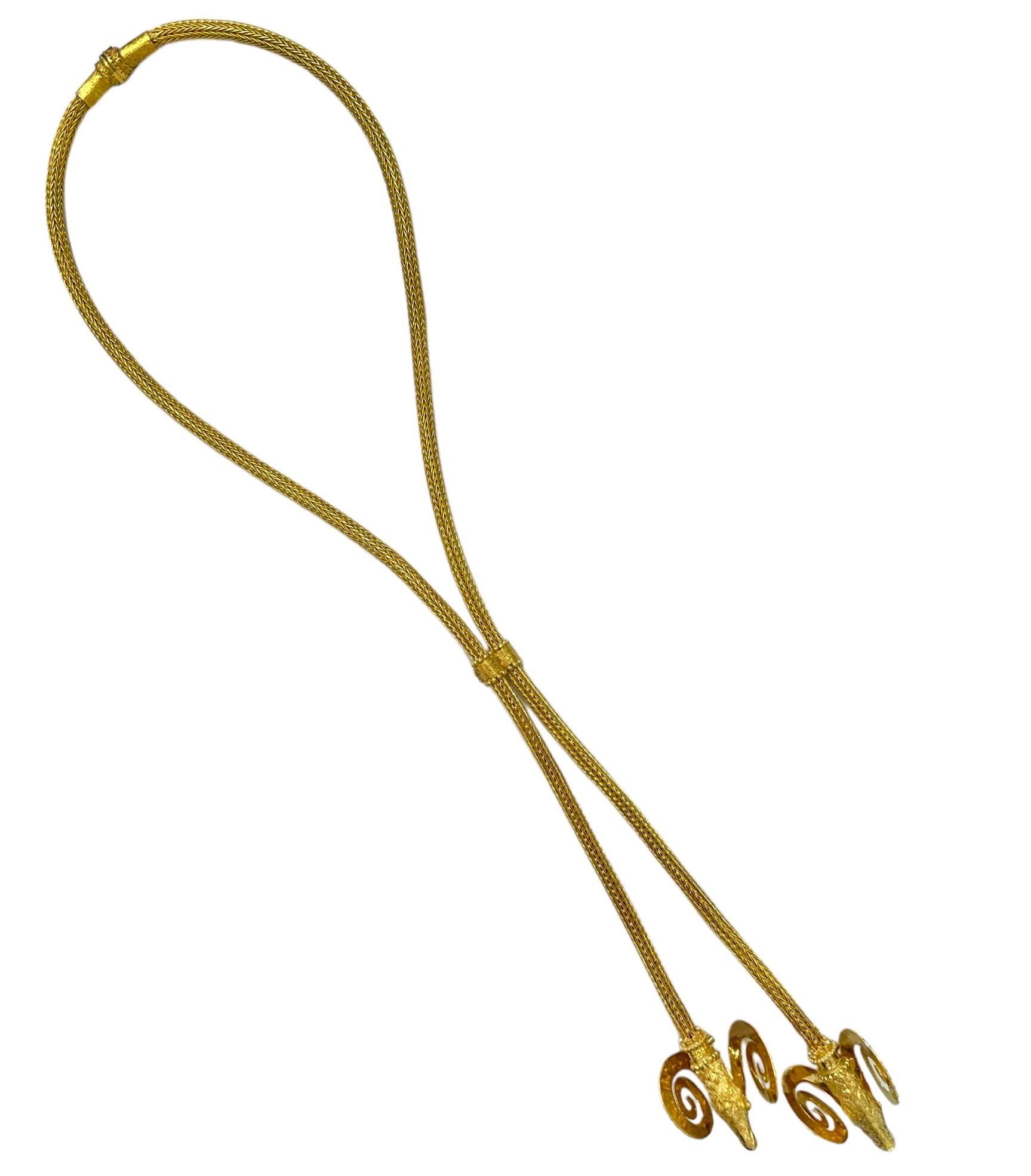 Single Cut Monumental Scale Lalaounis 18k Gold Double Rams Head Necklace 38 Inches Long For Sale