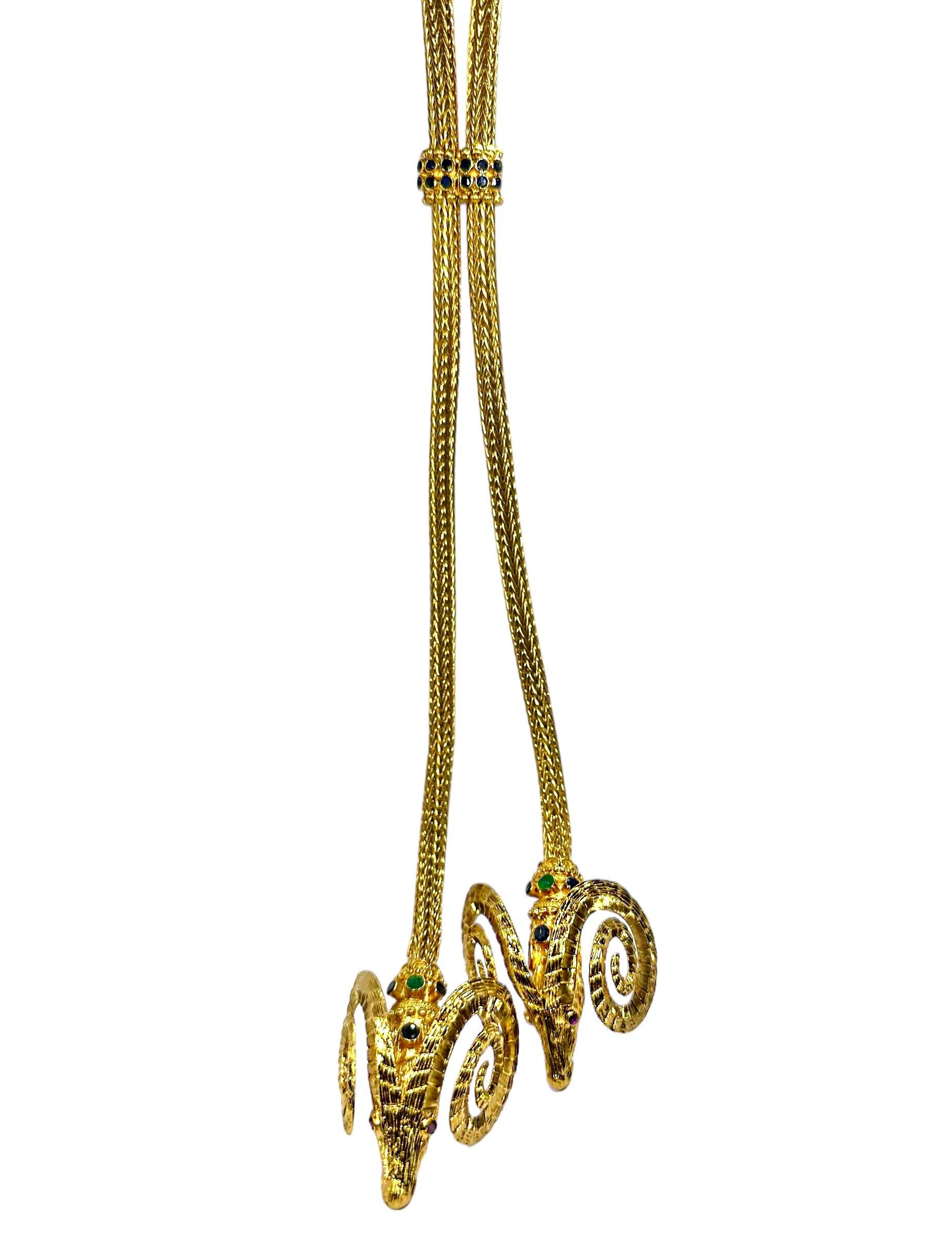 Women's Monumental Scale Lalaounis 18k Gold Double Rams Head Necklace 38 Inches Long For Sale