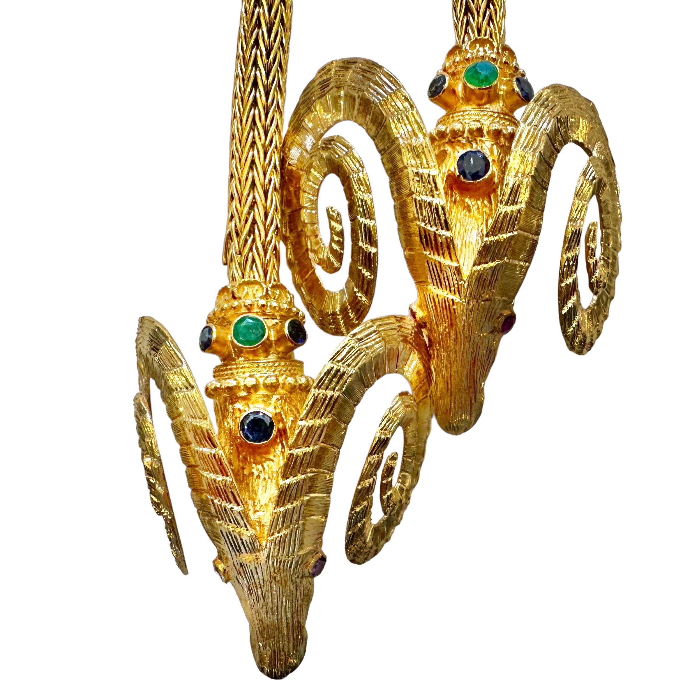 Monumental Scale Lalaounis 18k Gold Double Rams Head Necklace 38 Inches Long For Sale 1