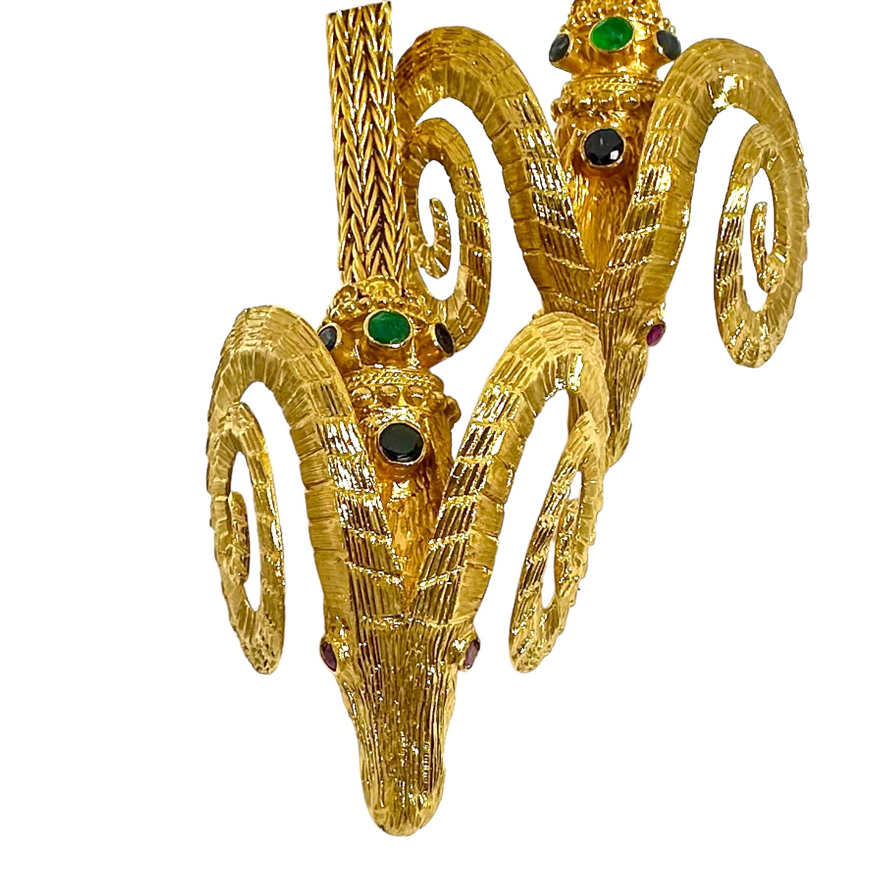Monumental Scale Lalaounis 18k Gold Double Rams Head Necklace 38 Inches Long For Sale 3