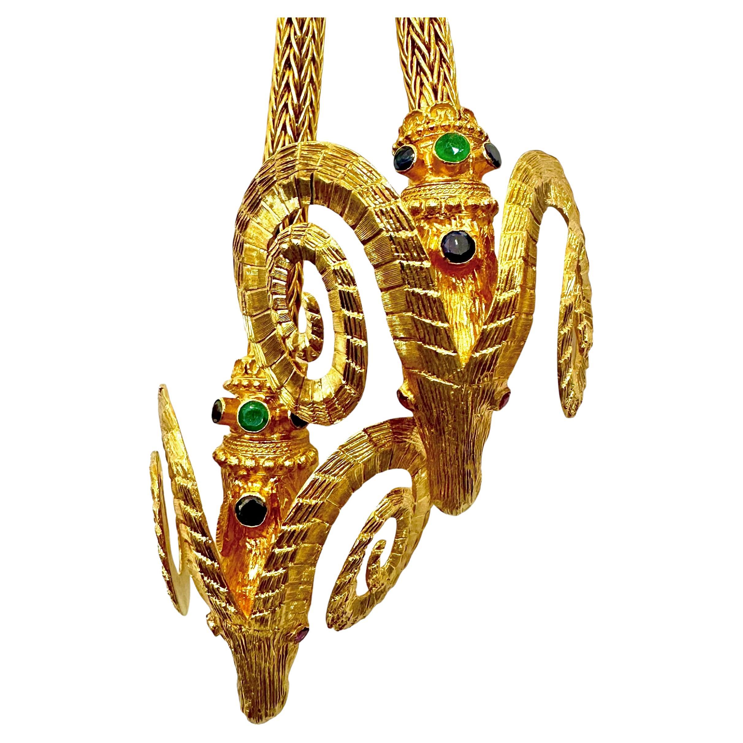 Monumental Scale Lalaounis 18k Gold Double Rams Head Necklace 38 Inches Long For Sale