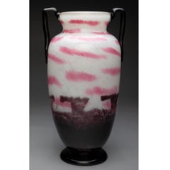 Monumental Schneider Mottled Glass Two Handled Vase Circa 1920