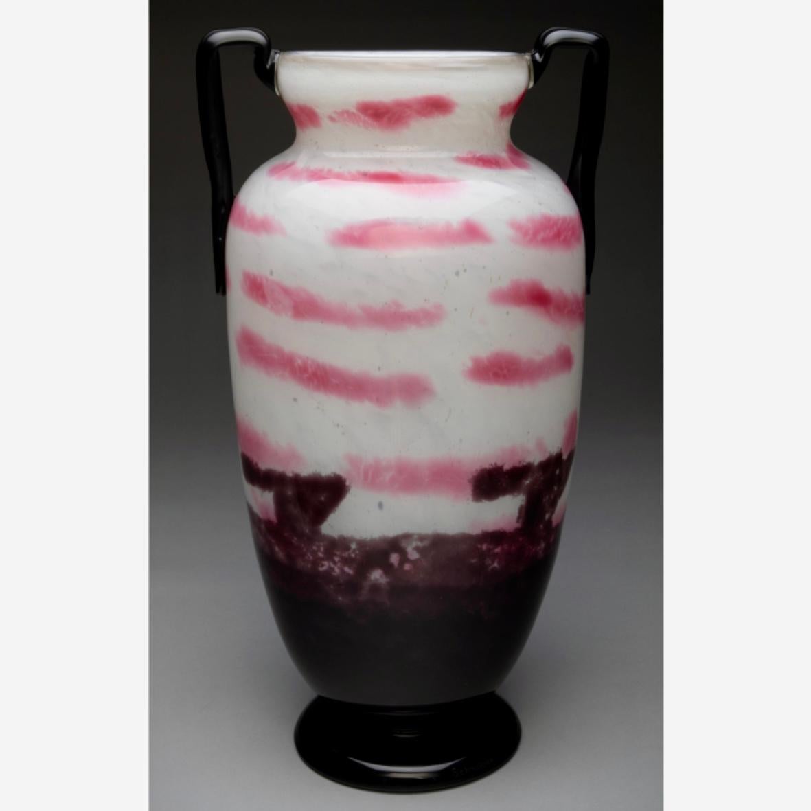 Art Deco Monumental Schneider Mottled Glass Two Handled Vase Circa 1920 For Sale