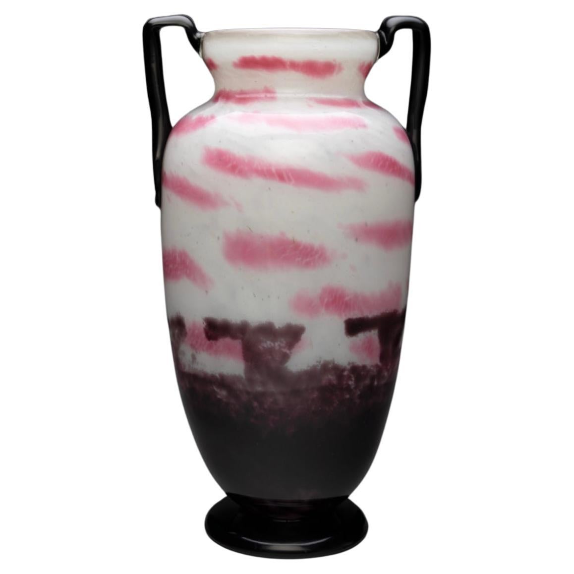 Monumental Schneider Mottled Glass Two Handled Vase Circa 1920