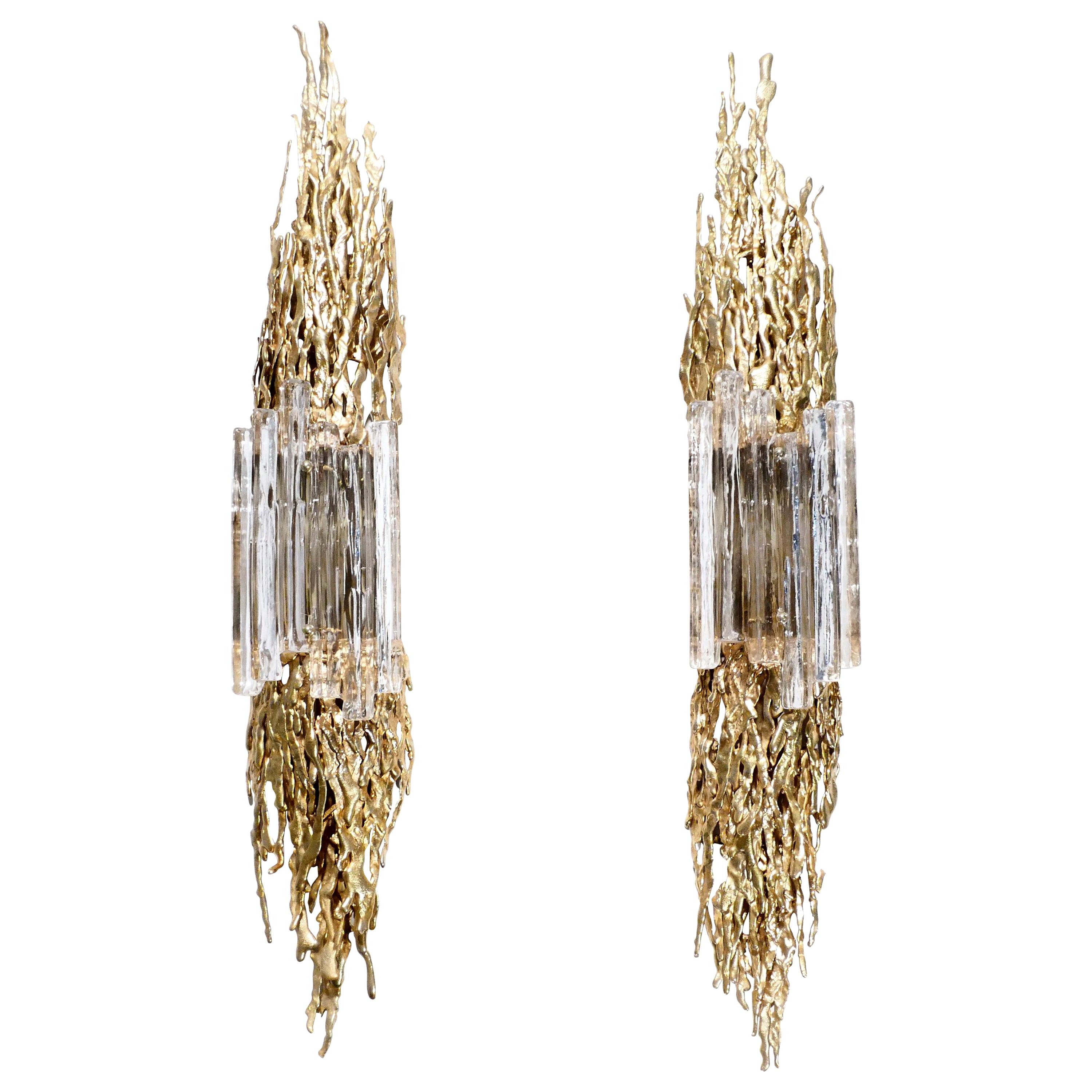 Monumental sconces by Claude Victor Boeltz in Bronze and Murano Glass, 1970s