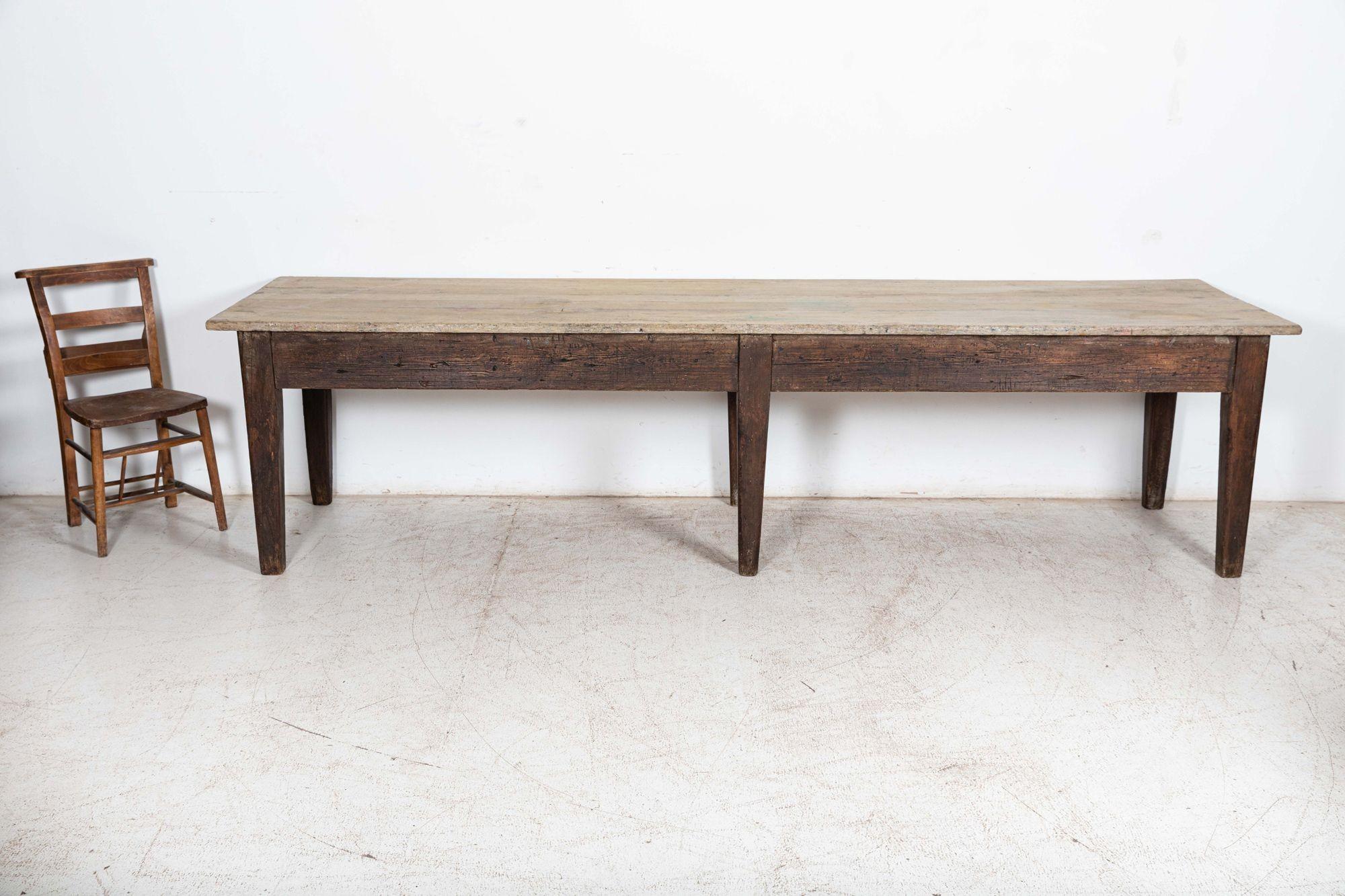 Circa 1915.

Monumental Scottishoak top refectory art table with bleached oak top and pine frame with block tapered legs.

Provenance: Strathallan Private School, Perth, Scotland.

sku 1012

Measures: W 305 x D 84 x H 77 cm.

Apron height