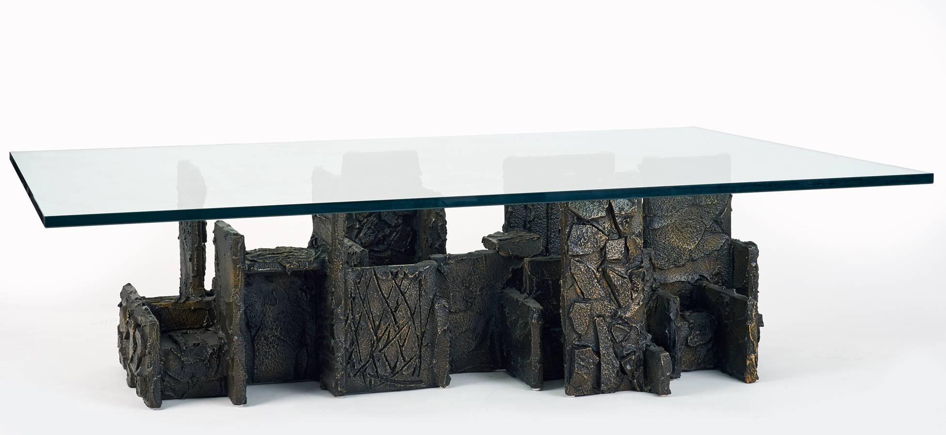 Brutalist Paul Evans Monumental Sculpted Bronze and Glass Coffee Table, Signed, 1974 For Sale