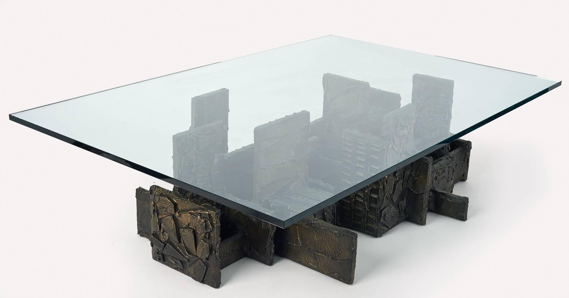 American Paul Evans Monumental Sculpted Bronze and Glass Coffee Table, Signed, 1974 For Sale