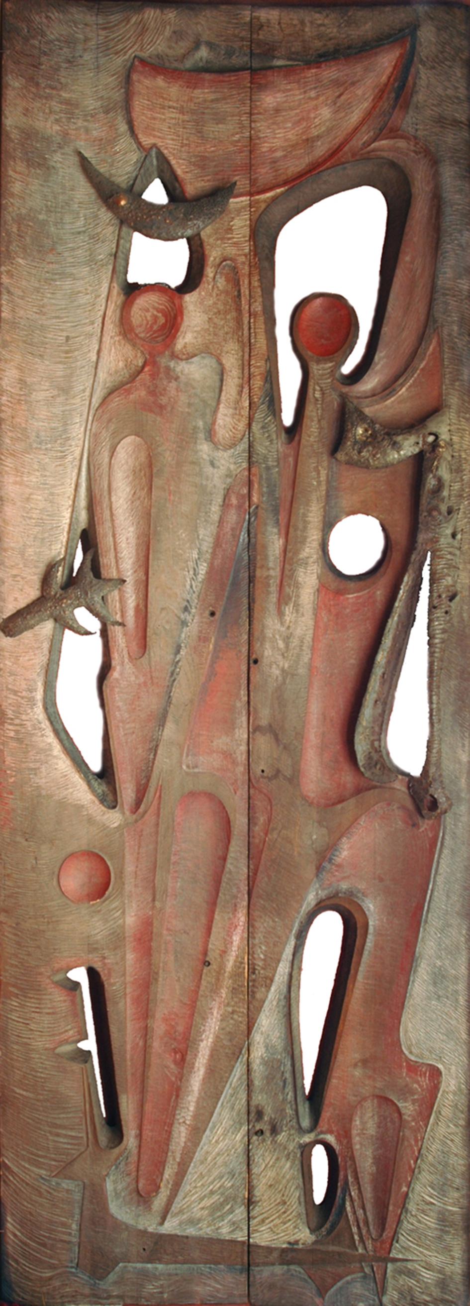 Gilbert de Smet. Née en 1932 à Erembodegem en Belgique
Porte monumentale sculptée, 1969. Chêne sculpté et pièces métalliques
Ces portes ont été exposées en 1969 au Casino de Blanckenberge, avec quinze autres sculptures et quarante dessins. Ses