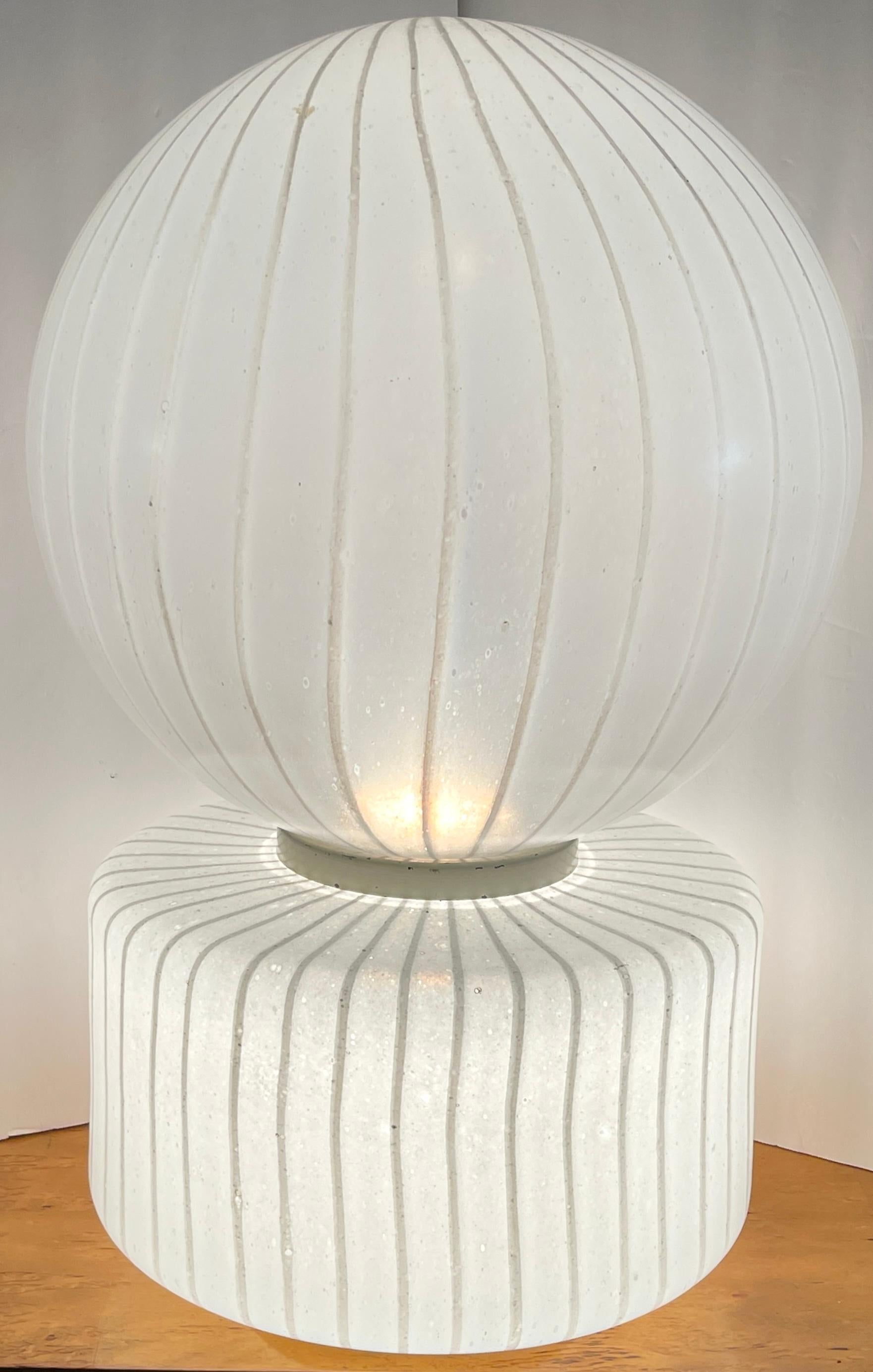 Mid-Century Modern Monumental Sculptural 2-Piece White Striped Murano, Vistosi Glass Table Lamp