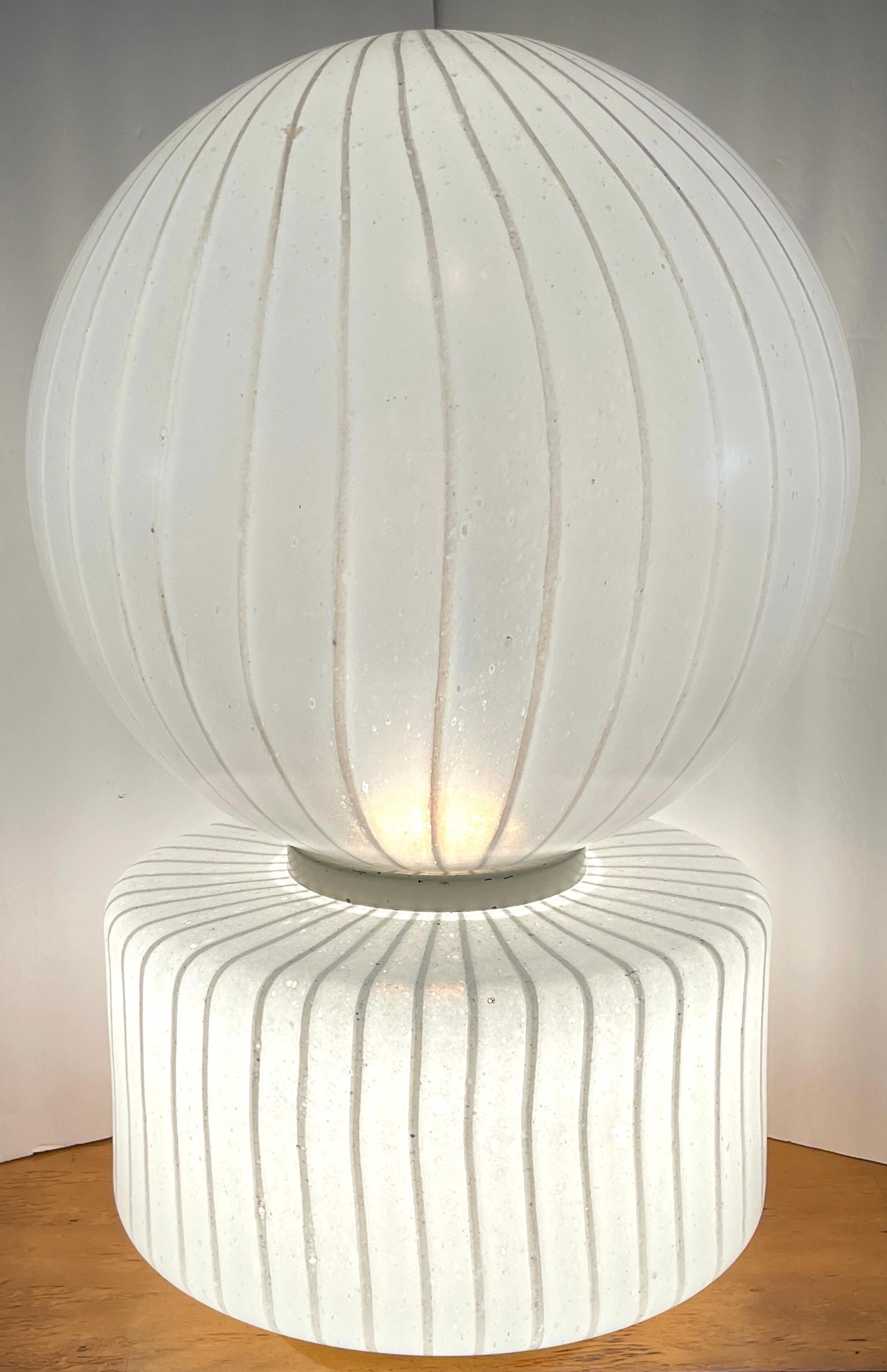 Enameled Monumental Sculptural 2-Piece White Striped Murano, Vistosi Glass Table Lamp