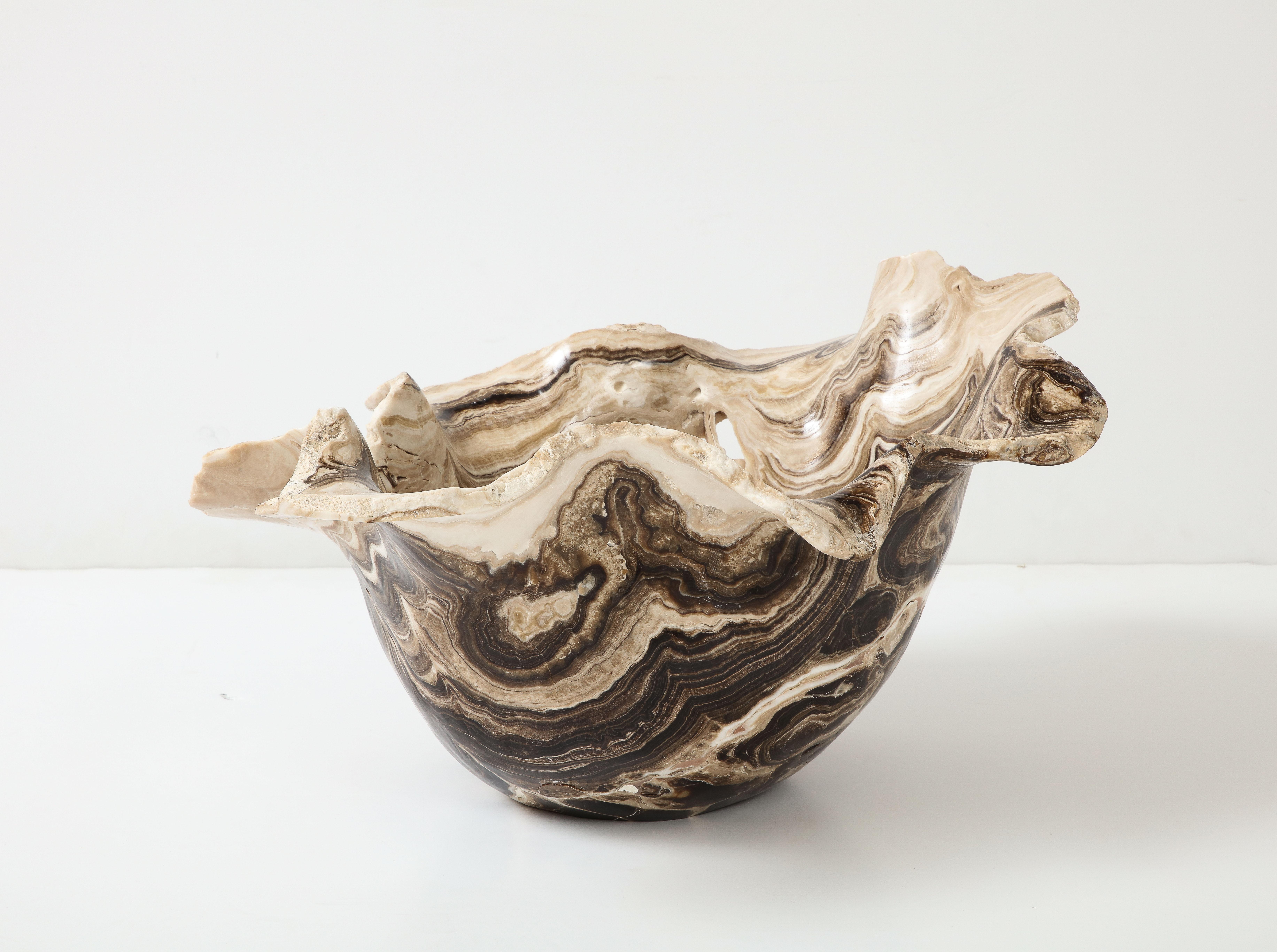 Post-Modern Monumental Sculptural Brown and White Hand Carved Onyx Bowl or Centerpiece For Sale