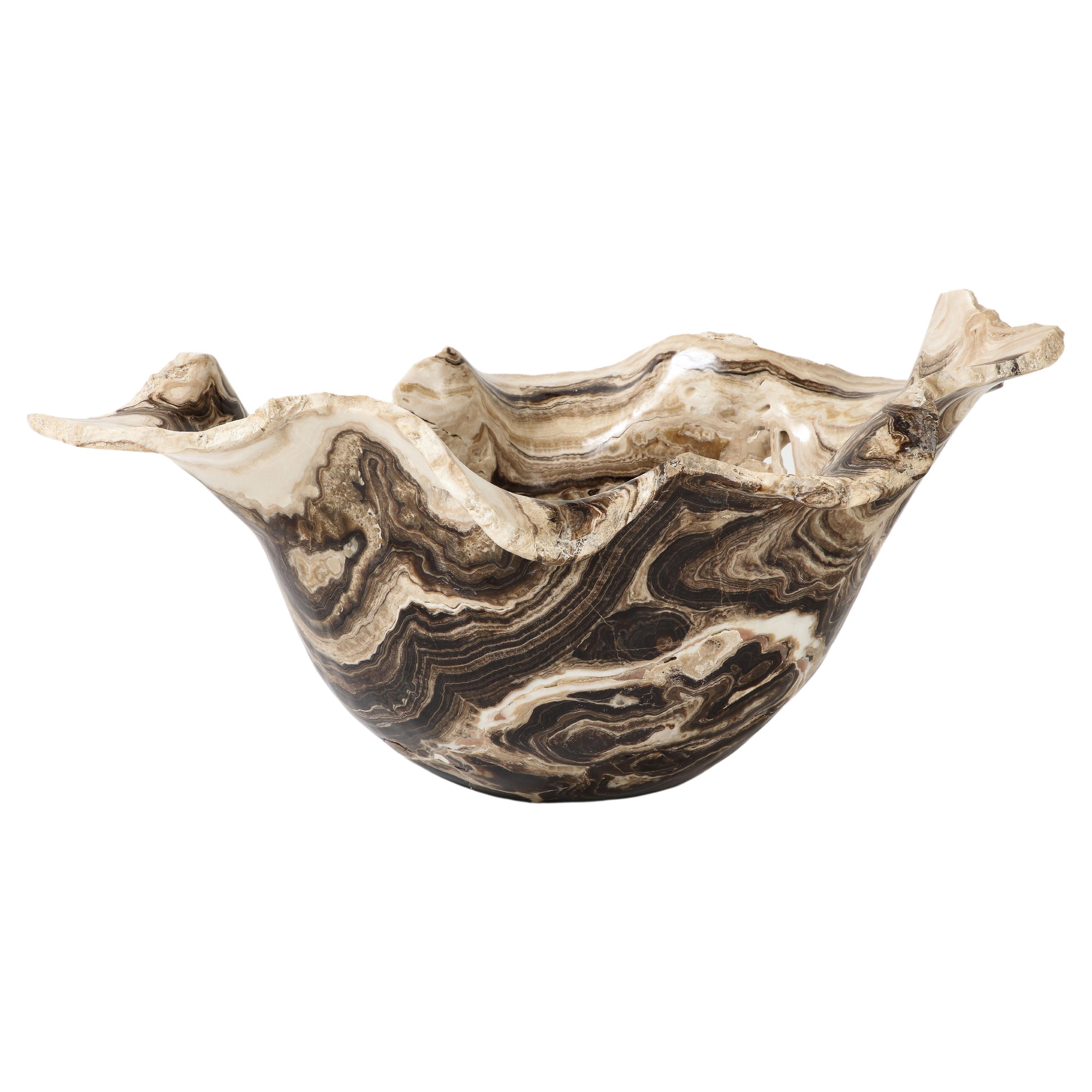 Monumental Sculptural Brown and White Hand Carved Onyx Bowl or Centerpiece For Sale