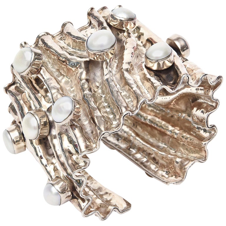 Monumental and Sculptural Sterling Silver and Pearl Cuff Bracelet For
