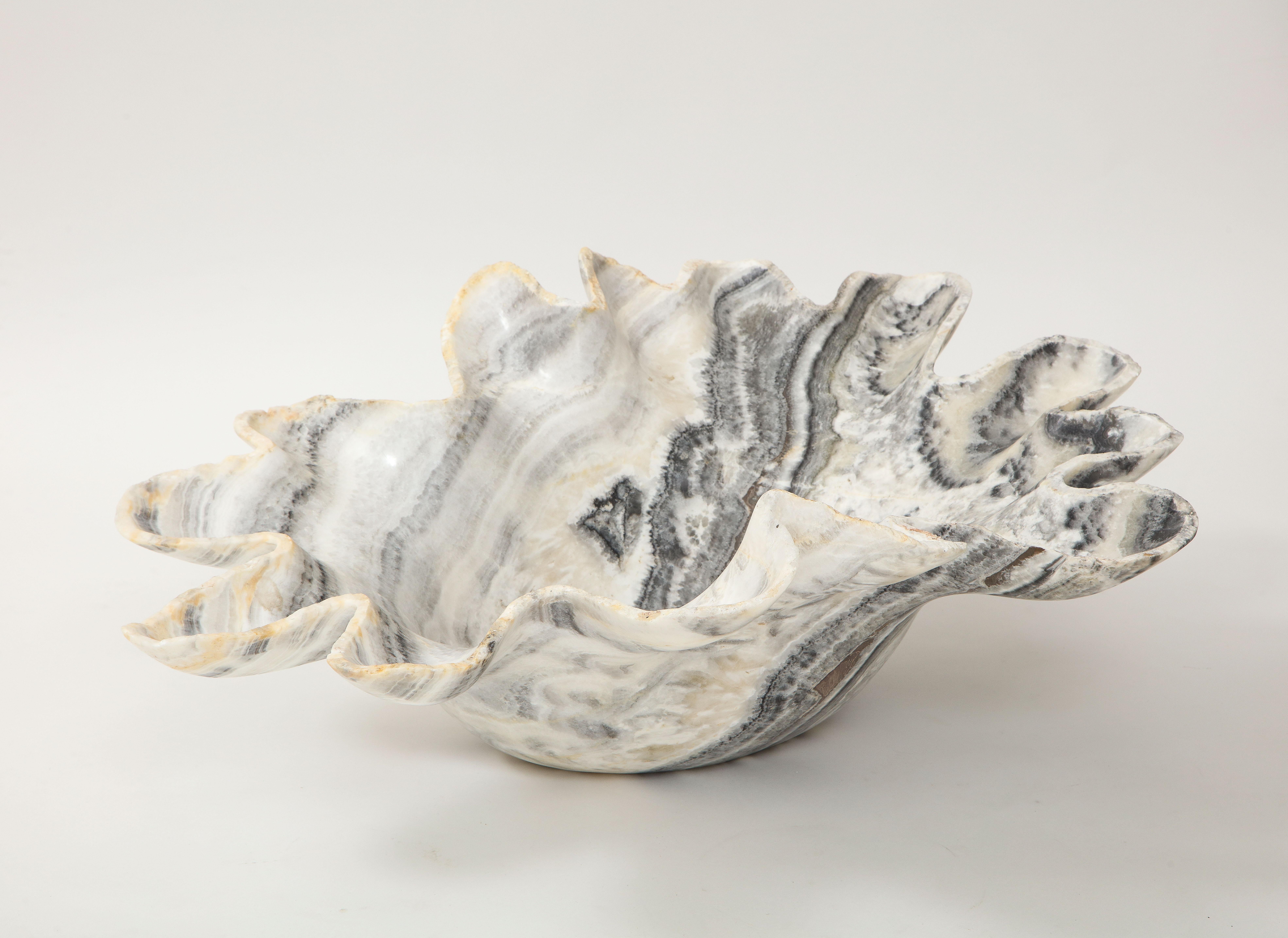 Post-Modern Monumental Sculptural White, Gray and Black Hand Carved Onyx Bowl or Centerpiece